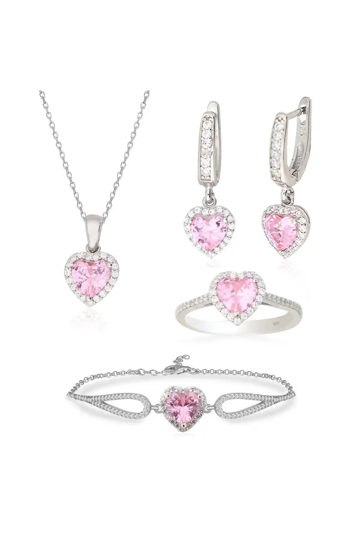Silveranka 925 Ayar Gümüş Pembe Kalp Takı Seti Zarif ve Şık Tasarımıyla Günlük ve Özel Kullanım İçin