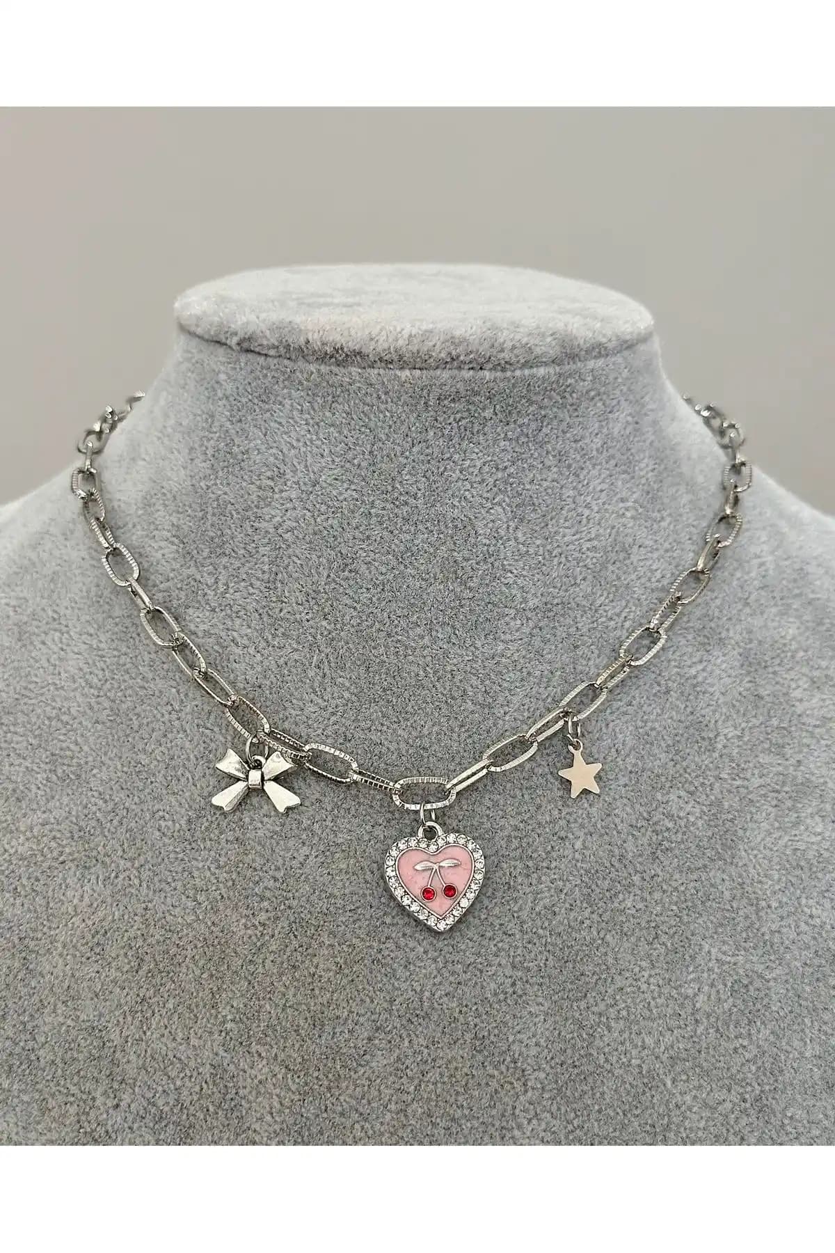 Sleyshop Kalın Zincirli Coquette Taşlı Pembe Kalp Kiraz Kolye Şık ve Zarif Aksesuar