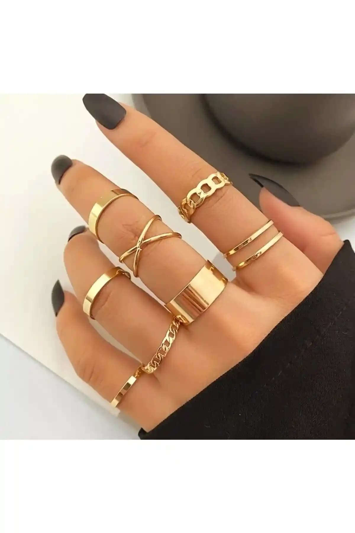 X-Lady Accessories Altın Renk Kadın Gold 10'lu Yüzük Seti Şıklık ve Zarafetin Tamamlayıcısı