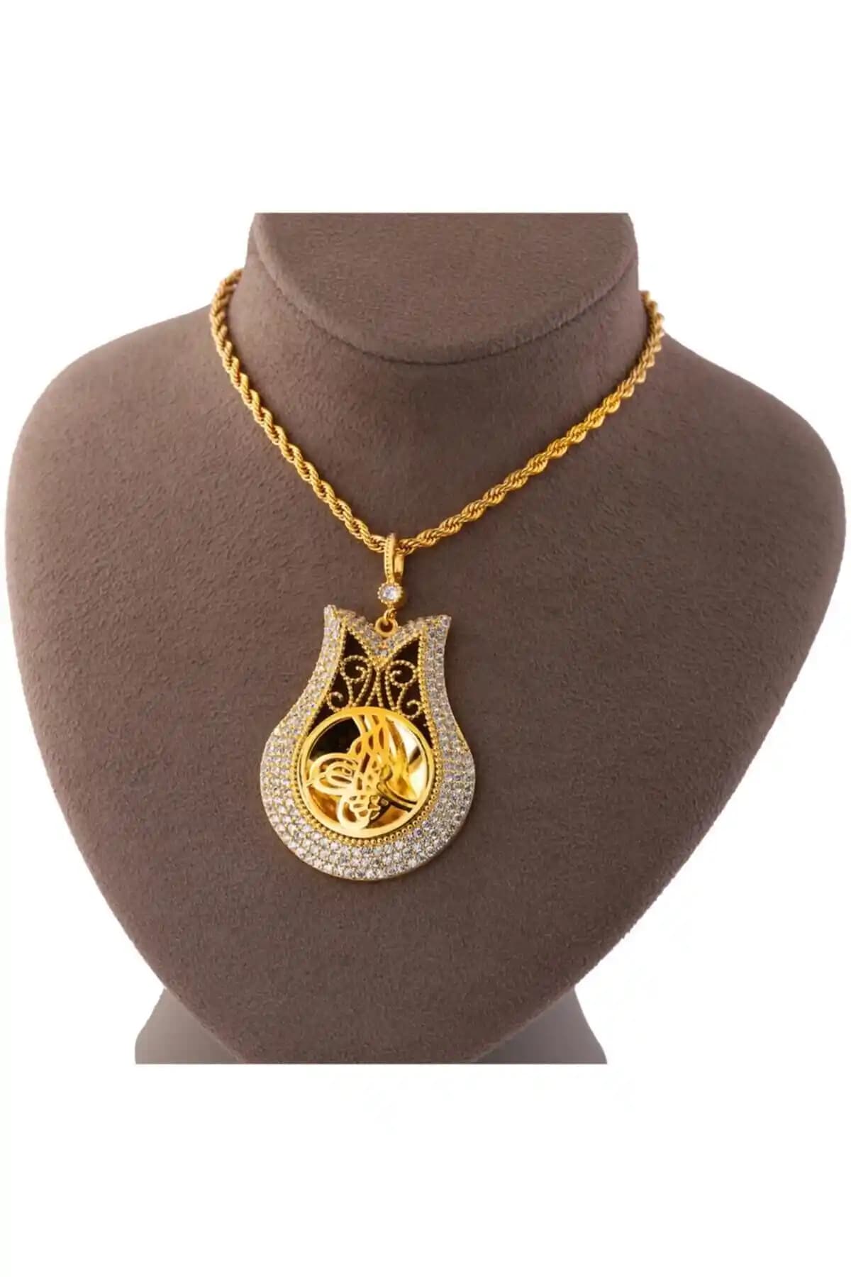 Yıldız Gold İmitasyon Kadın Altın Kaplama Halat Zincirli Klasik Lale Tuğralı Kolye