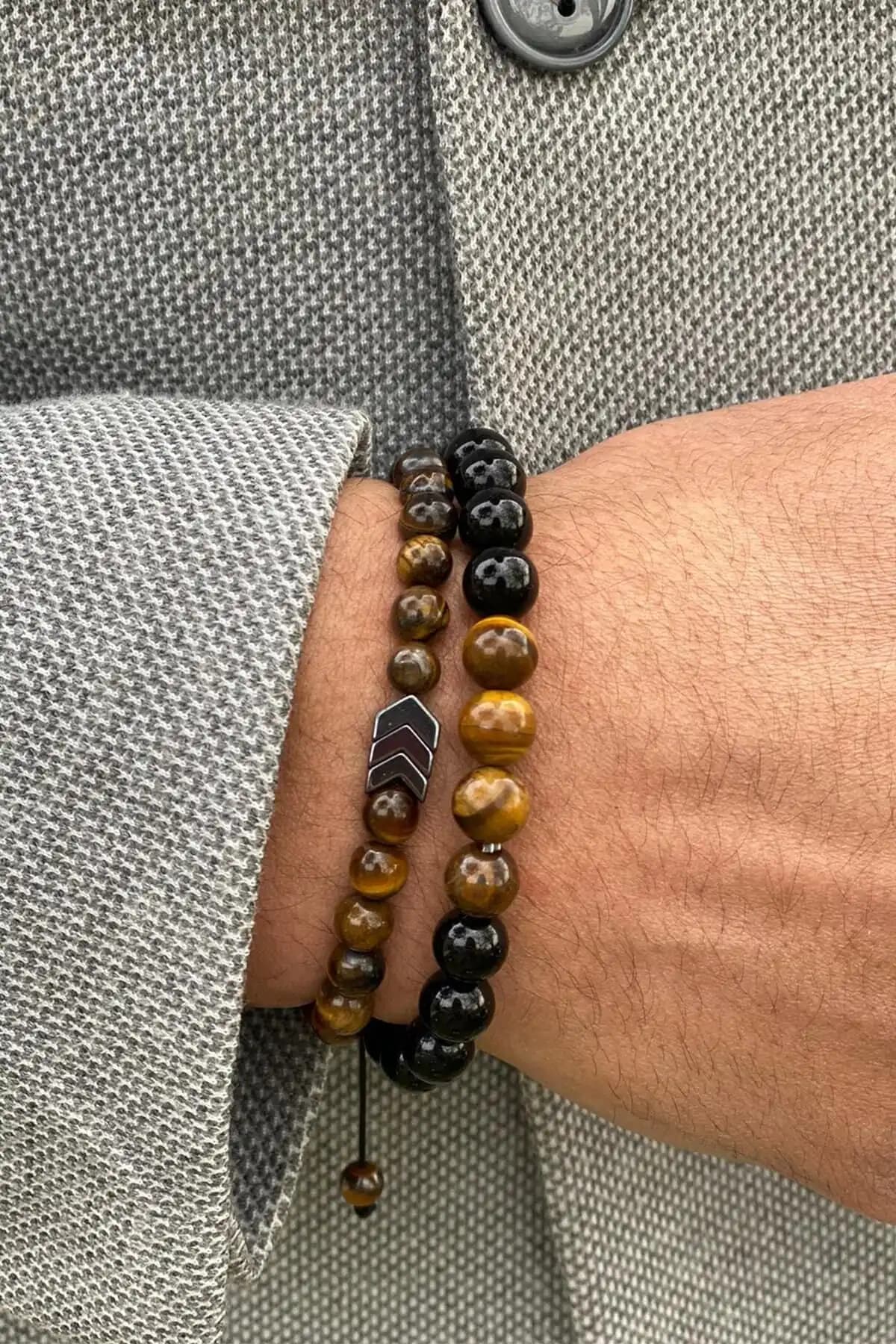 Zuk Collection Erkek Kahverengi Kaplangözü ve Oniks Taşlı Doğal Taş Bileklik Seti