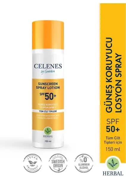 Celenes Sweden Herbal Güneş Koruyucu Sprey 50 SPF Doğal İçeriklerle Yüksek Koruma Sağlar