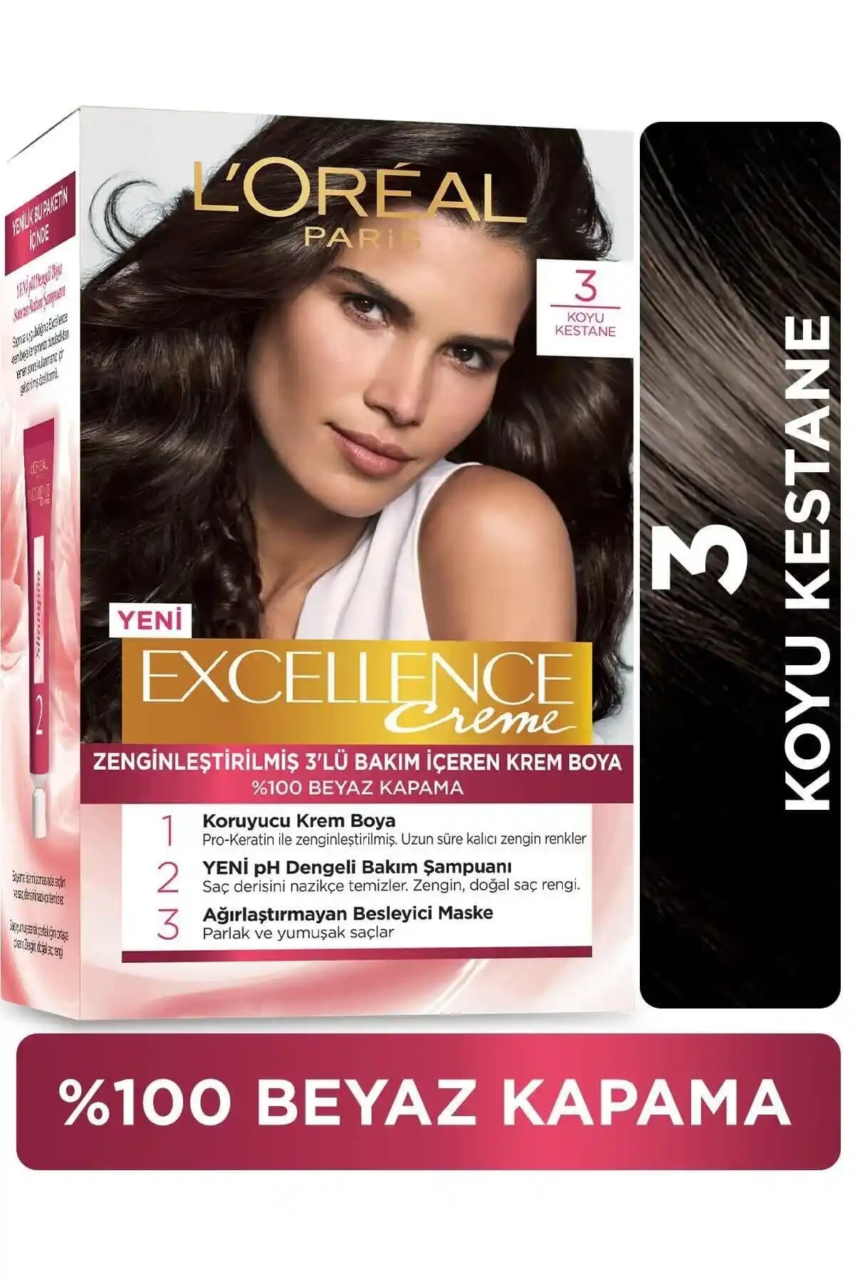 Loreal Excellence Creme 3 Numara Koyu Kahverengi Saç Boyası Kalıcılık ve Kolay Uygulama Özellikleriyle Öne Çıkar