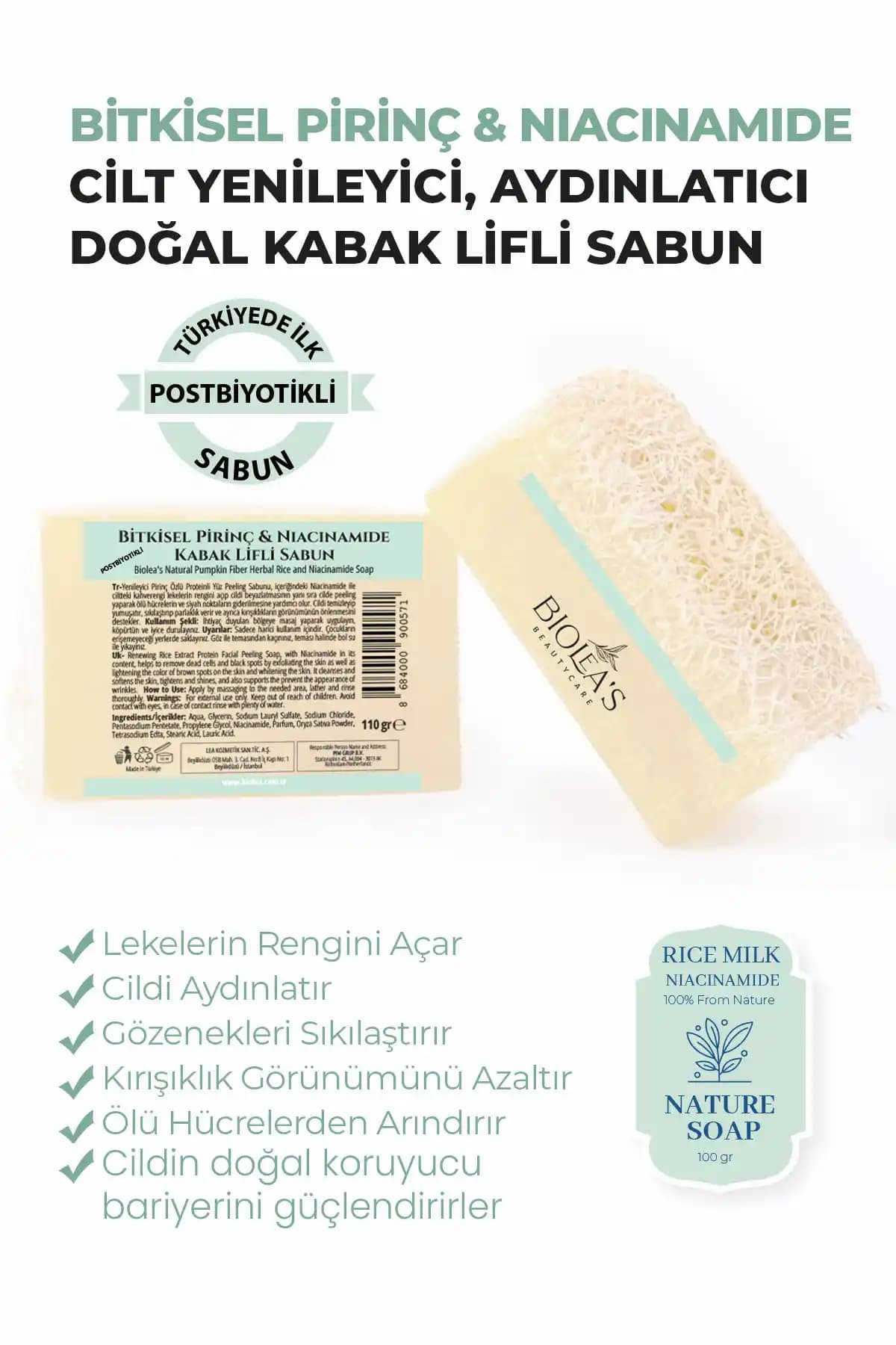 Biolea Doğak Kabak Lifli Bitkisel Pirinç & Niacinamide Postbiyotik Sabun 110 gr ile Doğal Cilt Bakımı