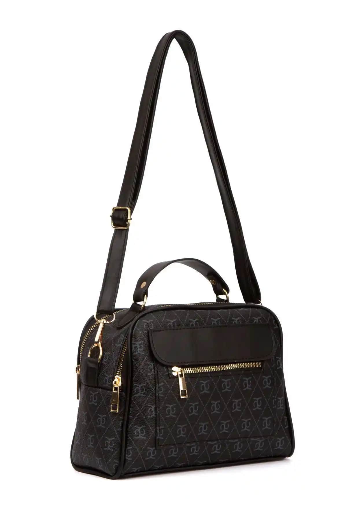 Adelina Bags Kadın Desenli Siyah El ve Omuz Çantası Günlük ve Özel Kullanım İçin