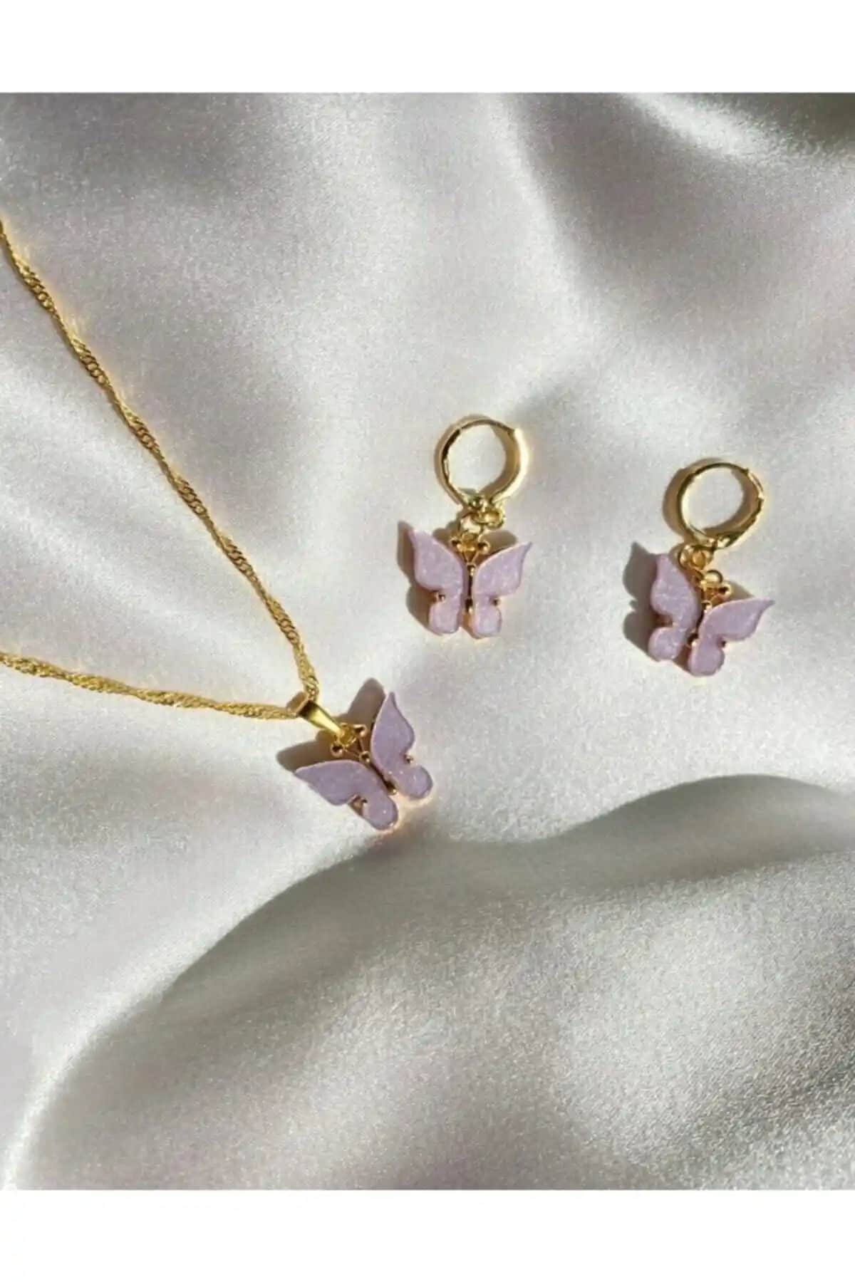Asia Chic Lila Kelebek Kolye ve Küpe Seti Zarif ve Şık Kadın Takıları