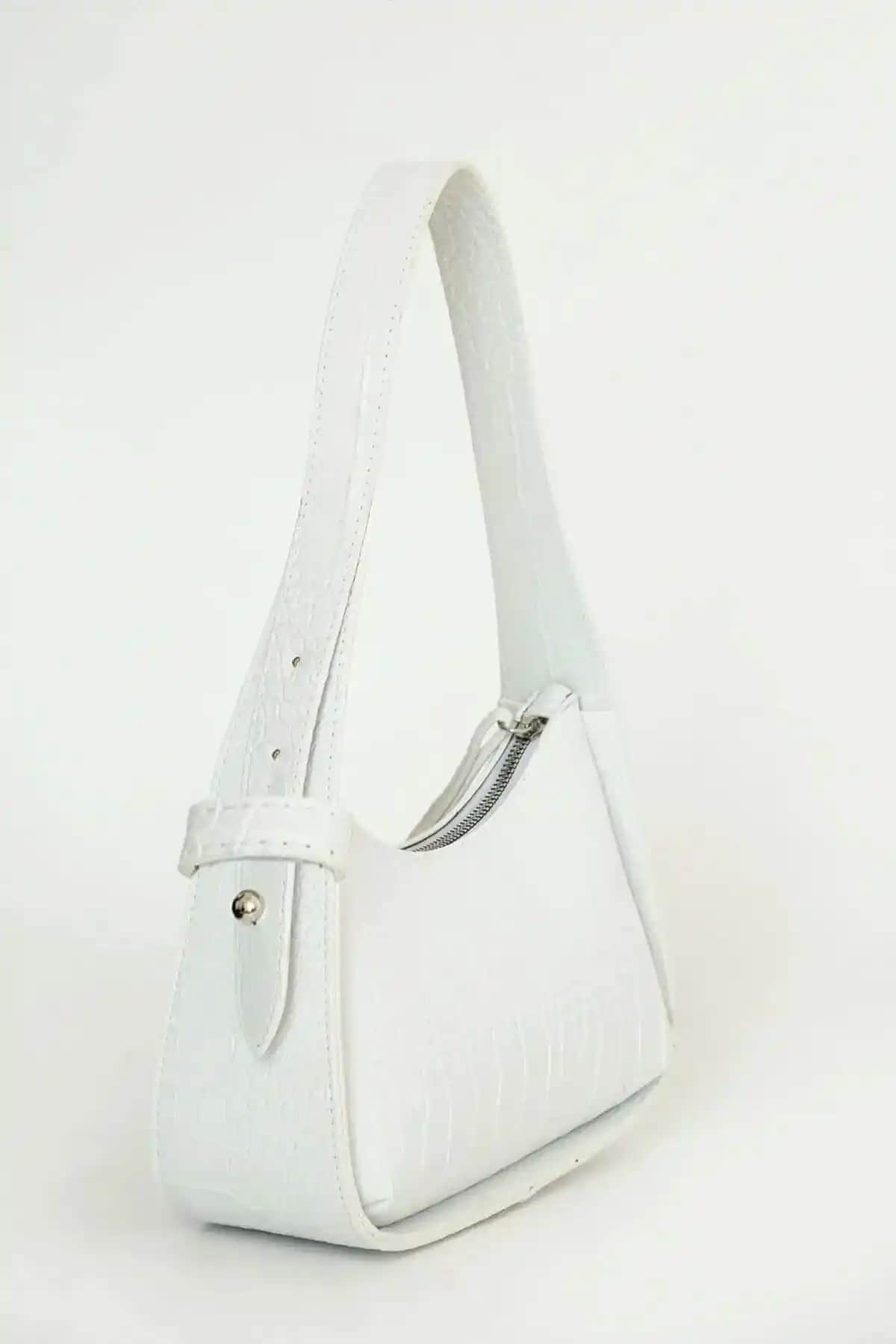 Bag&more Beyaz Kroko Desenli Kadın Baget Çanta Günlük ve Şık Kullanım İçin Uygun