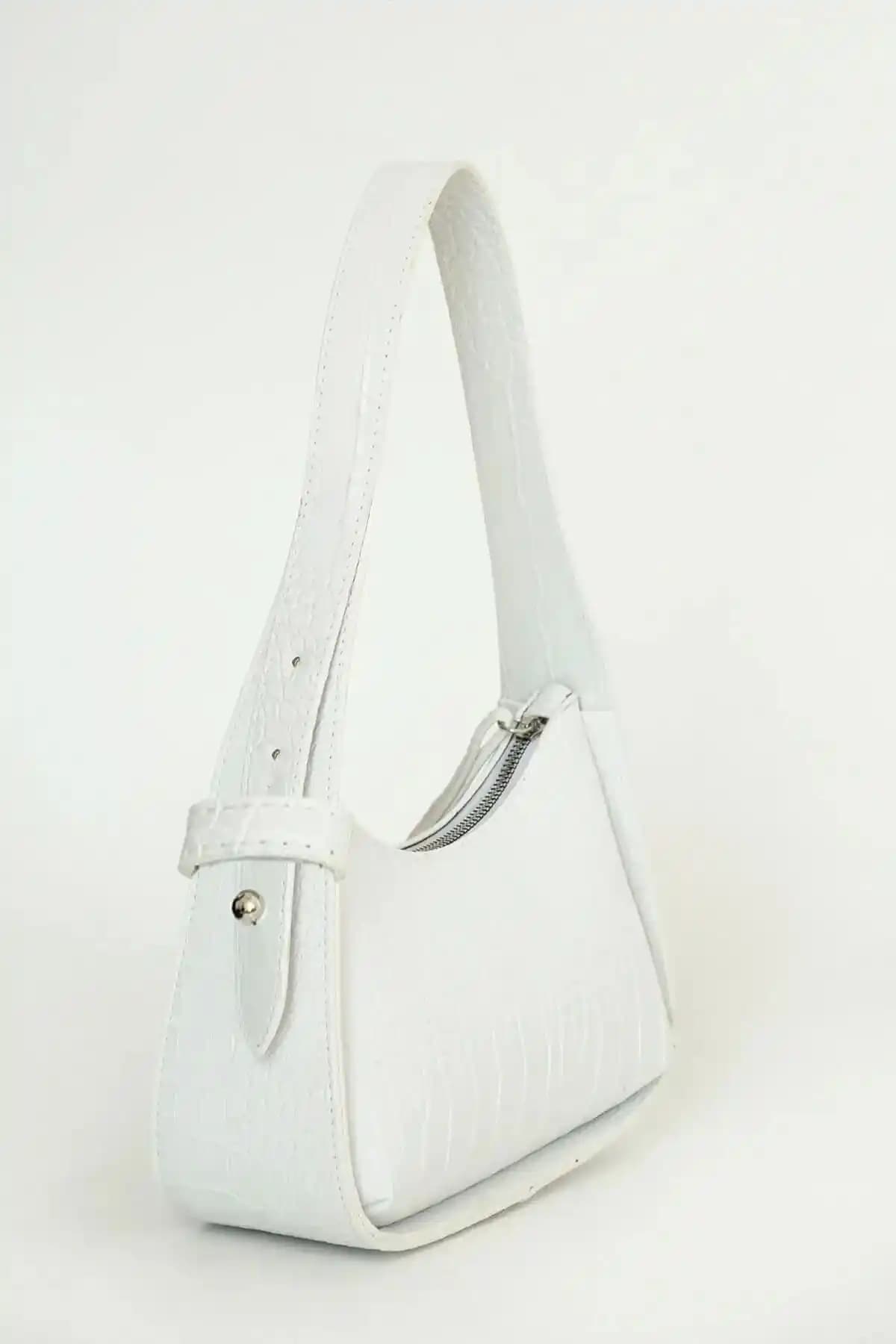 Bag&more Beyaz Kroko Desenli Kadın Baget Çanta Günlük ve Şık Kullanım İçin Uygun