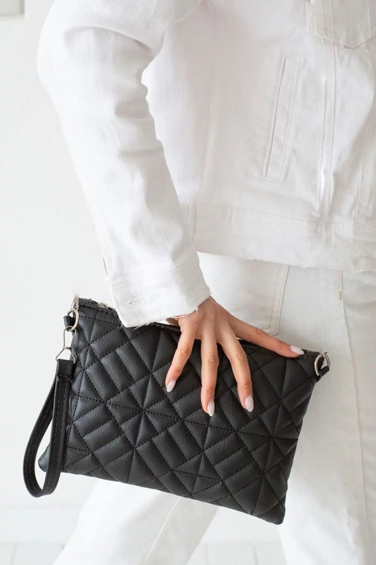 Bagfoni Siyah Geometrik Desenli Portföy Clutch El Çantası Günlük Kullanım İçin Modern ve Şık Tasarım
