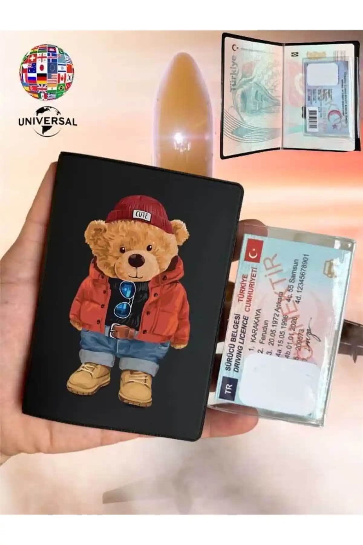Cekuonline Teddy Bear Desenli Deri Pasaport Kılıfı Şık ve Dayanıklı Seyahat Aksesuarı