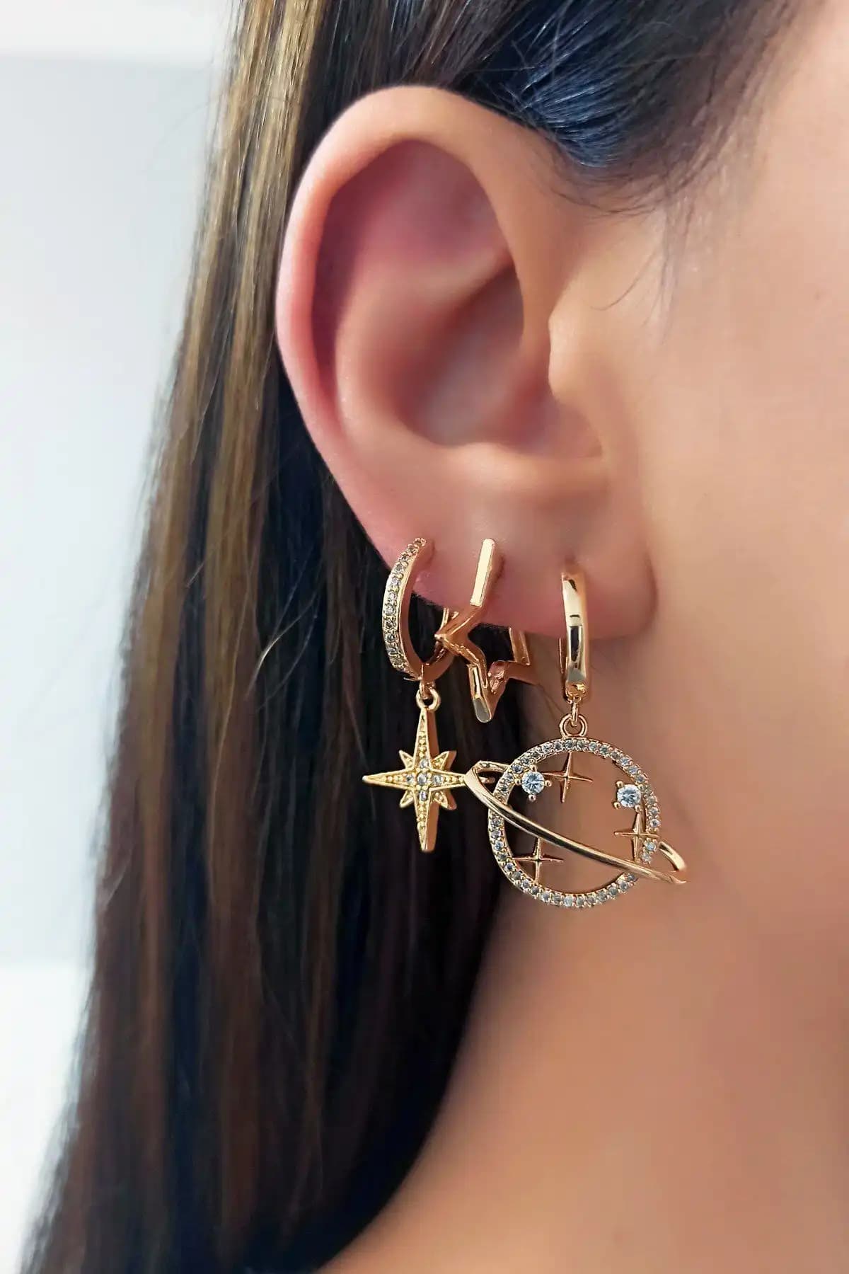 Çlk Accessories Tasarımlı Zirkon Taşlı Satürn ve Kuzey Yıldızı Motifli Küpe Seti