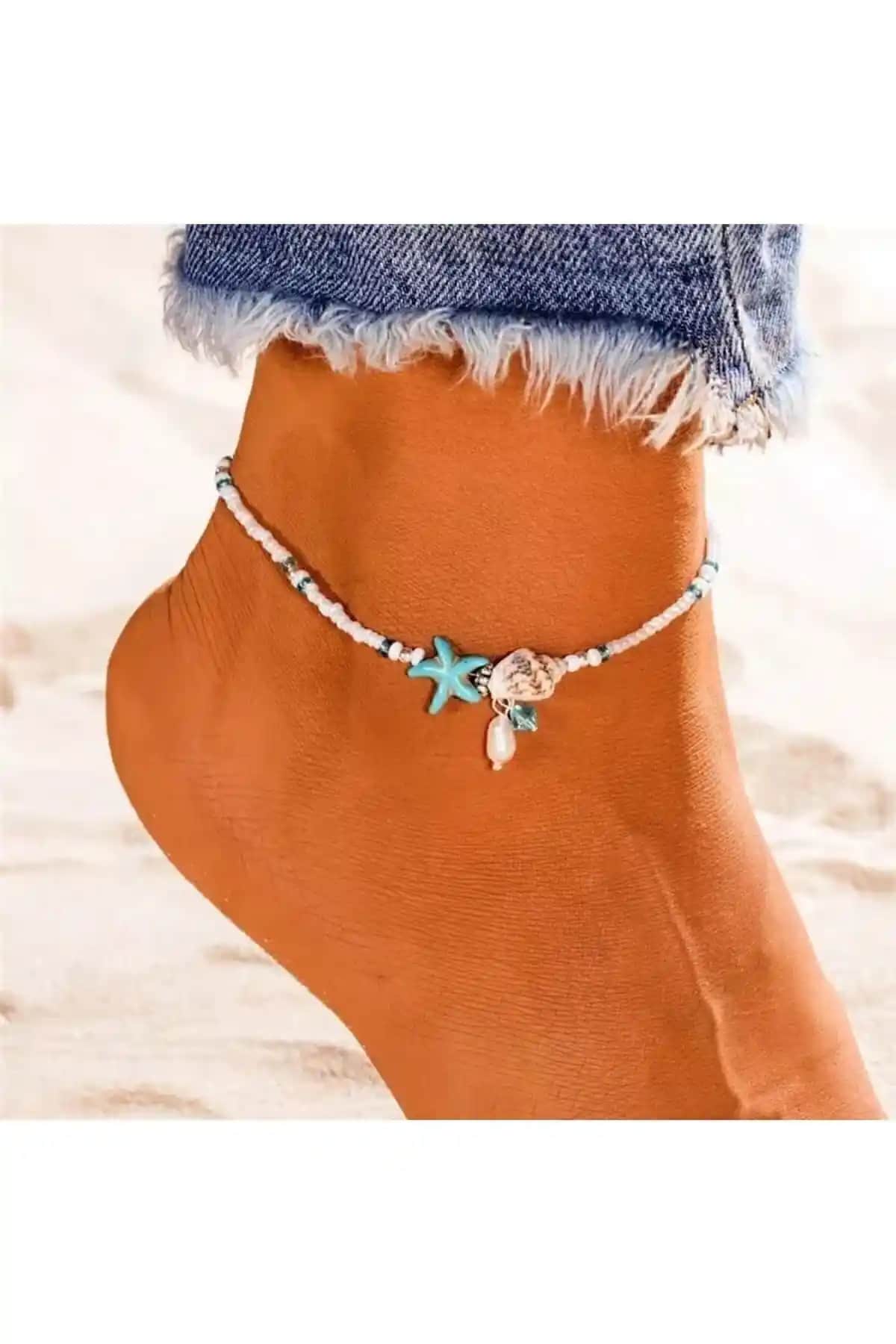 Deniz Temalı Doğal Boncuklu Yıldız Desenli Halhal - Şık ve Dayanıklı Aksesuar