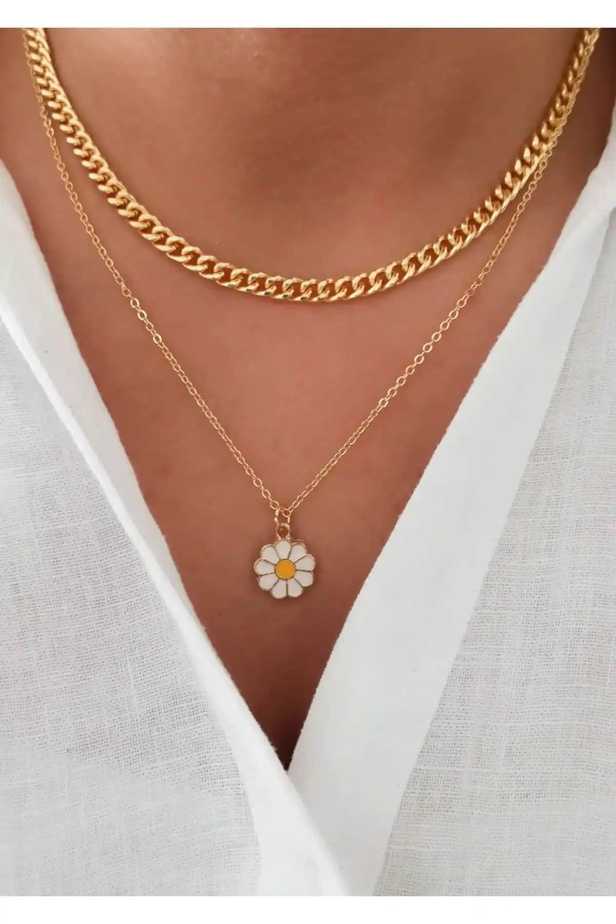 Denizdenal Kalın Zincir Papatya Kombin Seti Modern ve Çok Yönlü Aksesuar Tasarımı