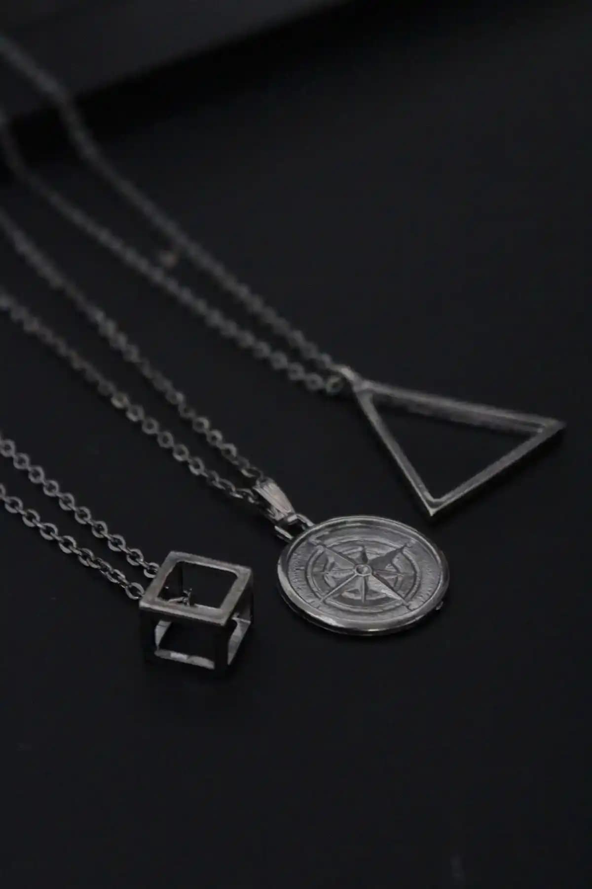 Dukkanka 3'lü Siyah Erkek Kolye Seti Modern ve Şık Tasarım ile Günlük Kullanım İçin Uygun