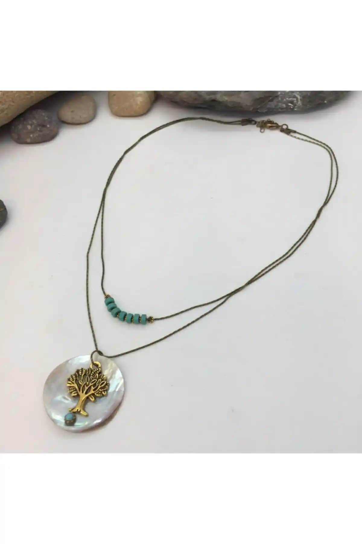 El Yapımı Hayat Ağacı Sedef Kolye: Doğal Taş ve Pirinç Malzeme ile Özgün Takı Tasarımı