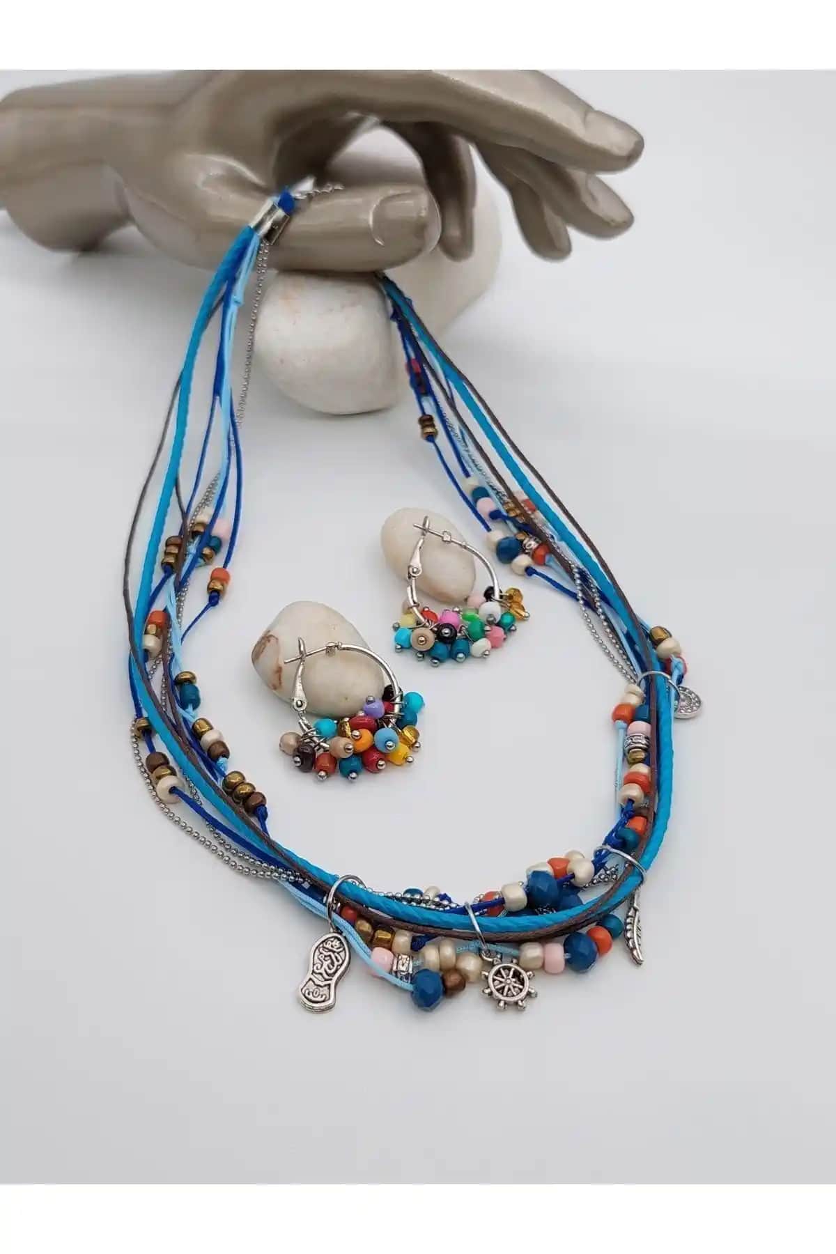El Yapımı Otantik Kadın Takı Seti Pirinç ve Mavi Tonlarda Şık Tasarım