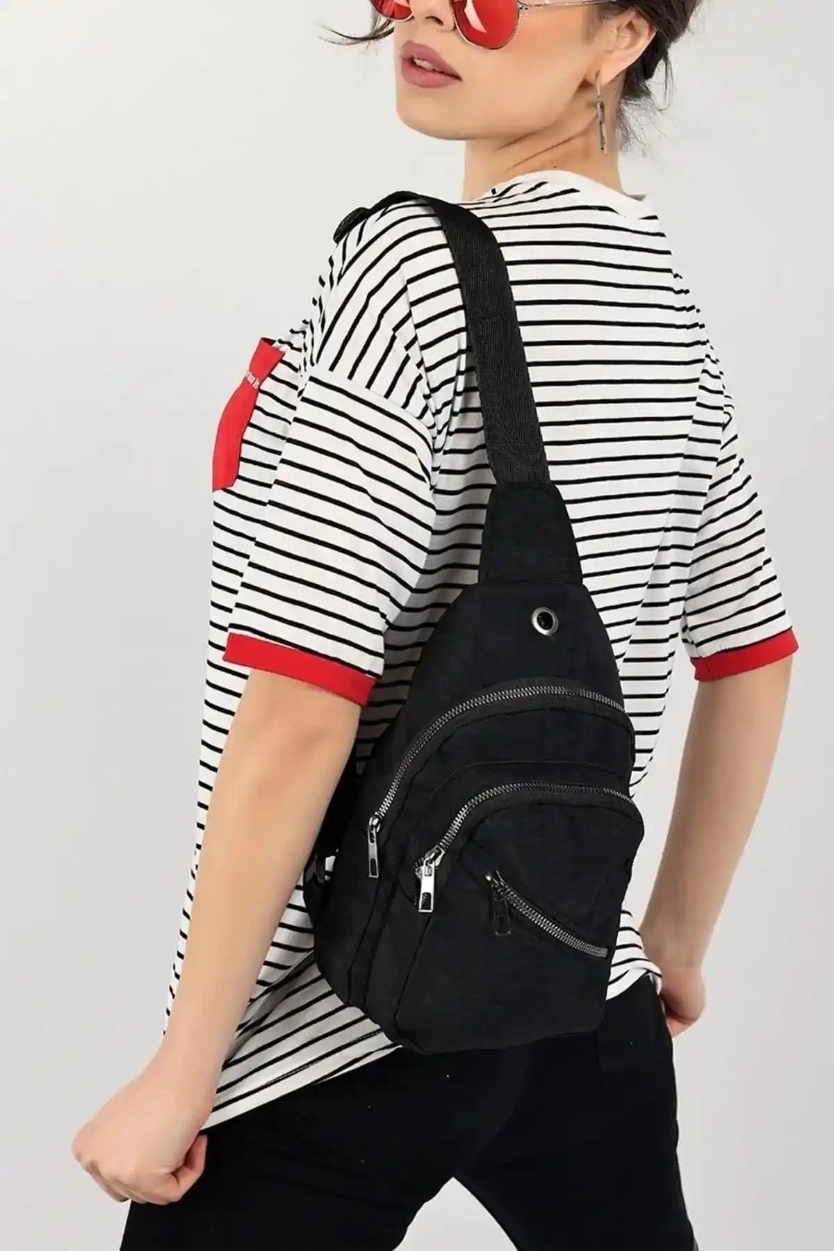 Elentra Unisex Siyah Yandan Çapraz Göğüs ve Bel Çantası Günlük Kullanım İçin Çok Yönlü Tasarım