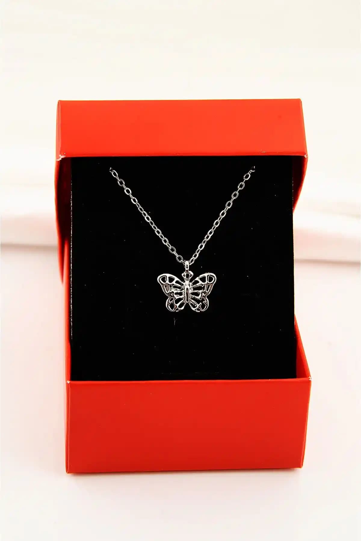 EUROMODA Kelebek Motifli Gümüş Renkli Kutulu Kadın Kolyesi Şıklık ve Zarafet İçin