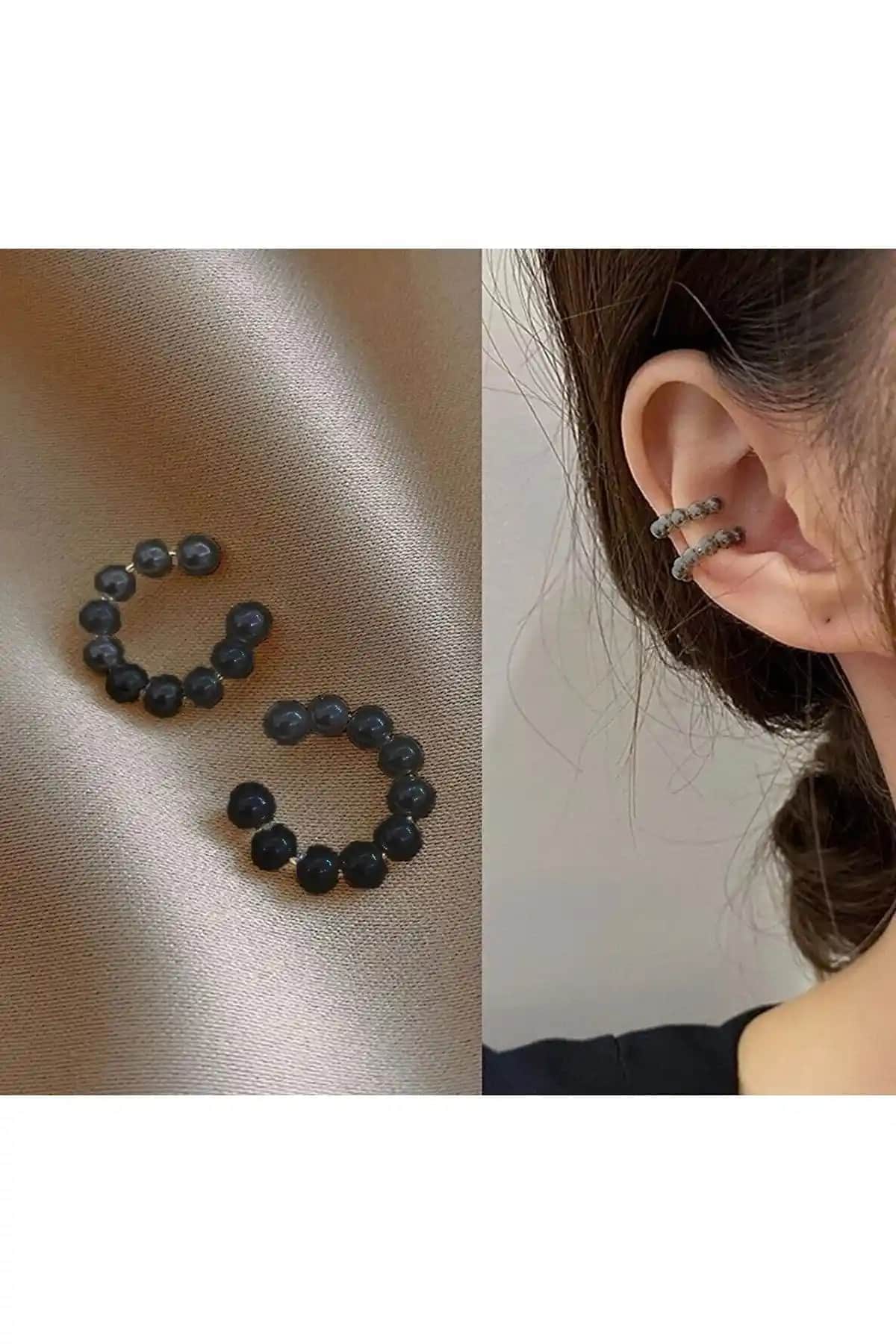 FullControl Siyah İnci Kıkırdak Küpe Kadınlar İçin Zarif ve Çok Yönlü Aksesuar