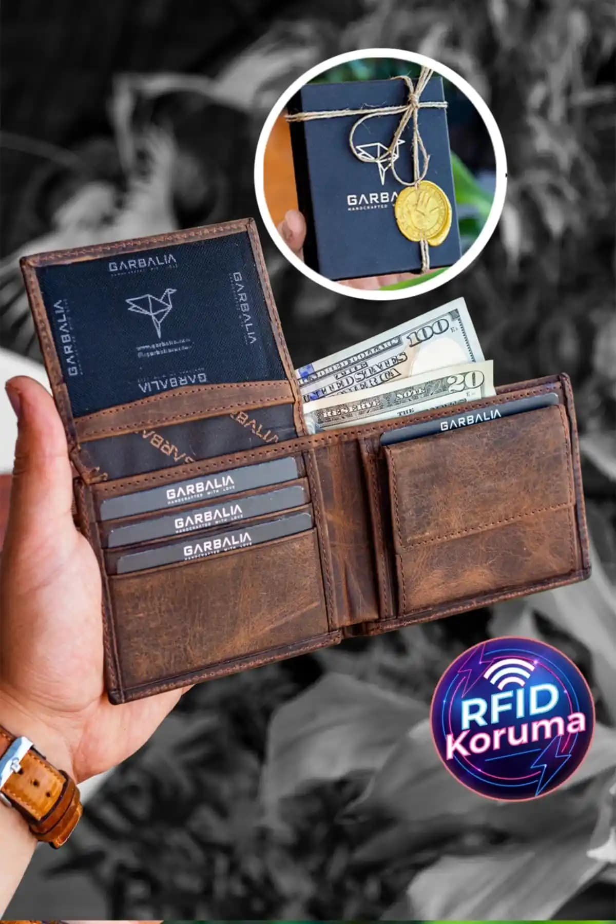 Garbalia Jackson Hakiki Deri RFID Engelleyici Kahverengi Cüzdan Günlük Kullanım İçin Uygun