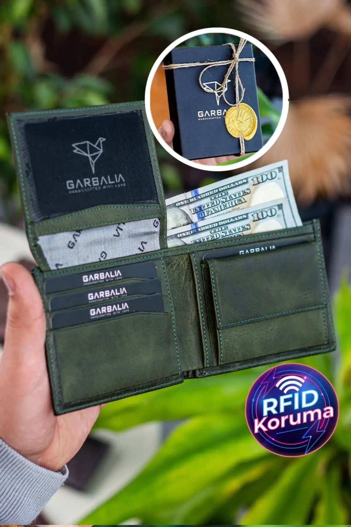 Garbalia Jackson Hakiki Deri Yeşil RFID Koruma Cüzdanı Şık ve Dayanıklı Tasarım