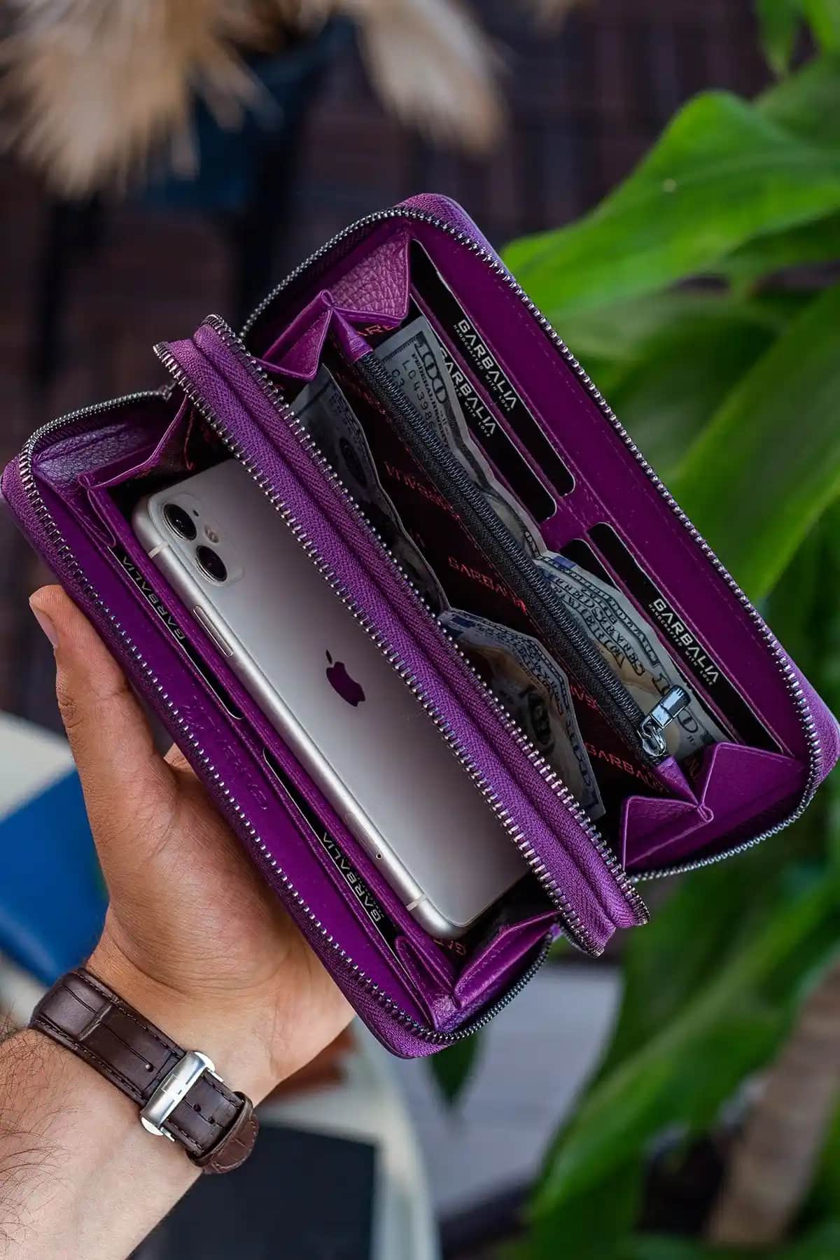 Garbalia Orleans Hakiki Deri Mürdüm Renkli Telefon Bölmeli RFID Engelleyici El Çantası