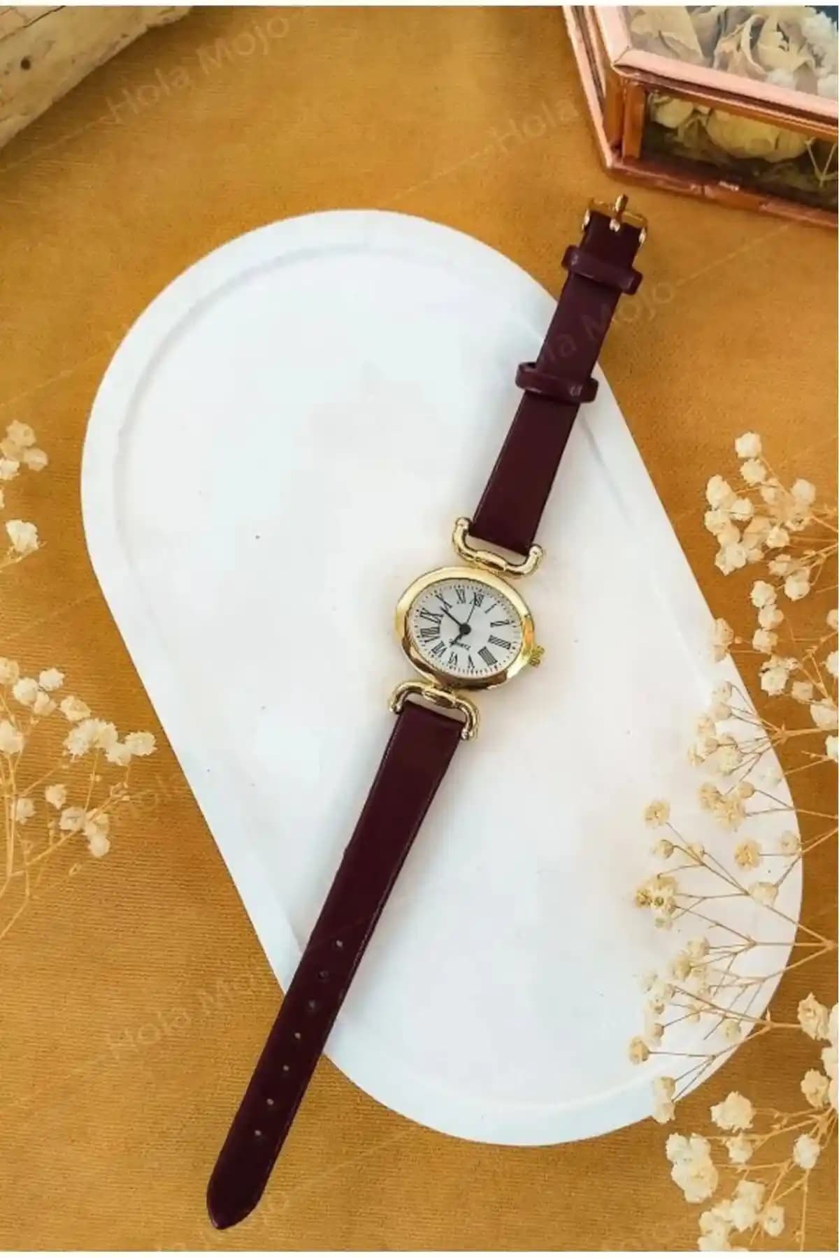 Hola Mojo Kadın Oval Kahverengi Deri Kordonlu Vintage Minimalist Saat