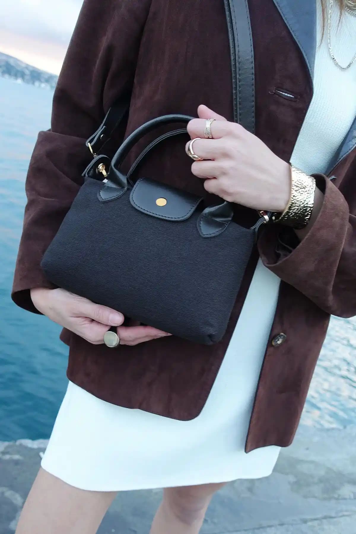 Housebags Siyah Kanvas Çok Yönlü PU Deri Çanta Günlük ve Şık Kullanım İçin