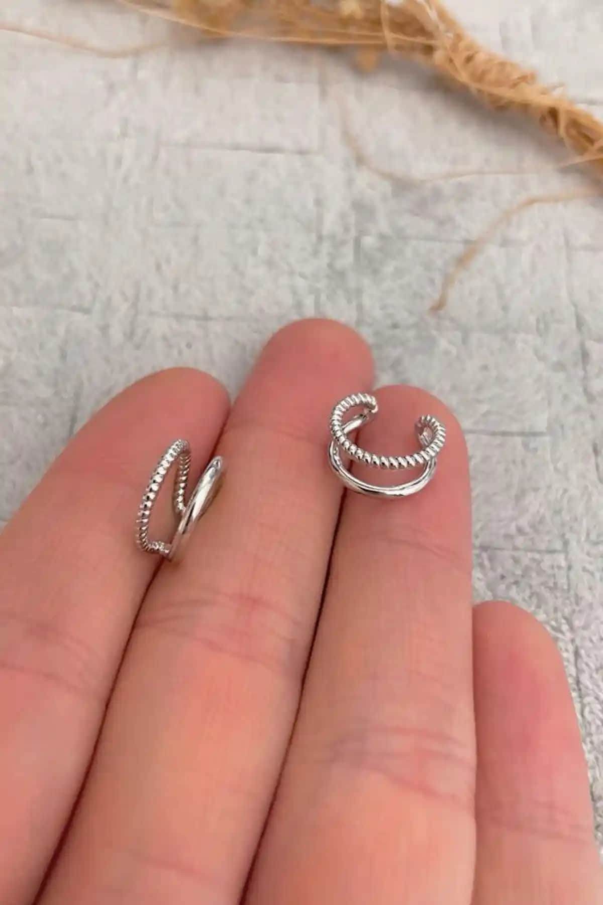Jaida Moda Kadın Gri Sıkıştırma Deliksiz Fake Çelik Kıkırdak Küpe Ear Cuff