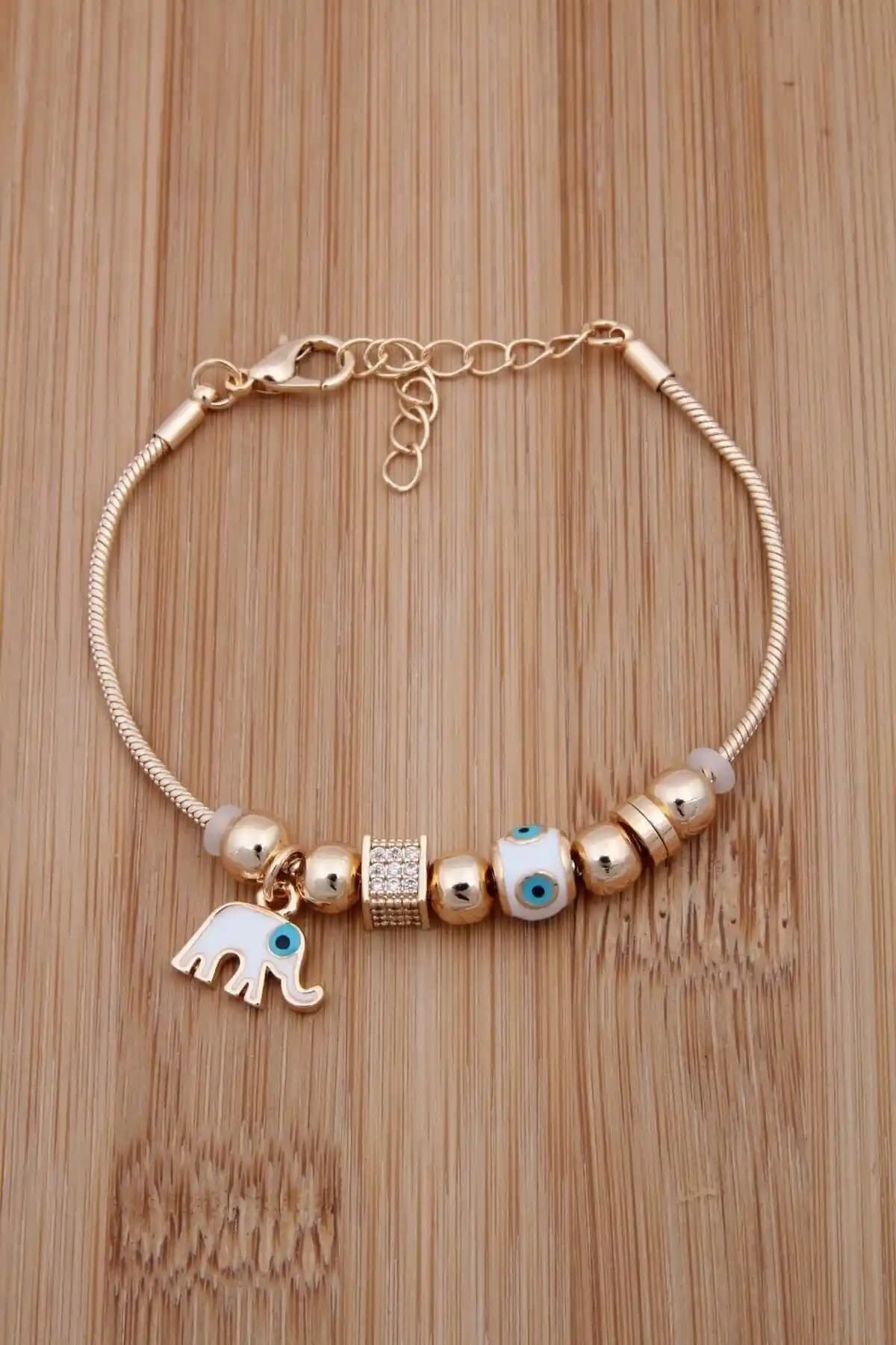 Jenny Daphne Nazar Boncuklu Zirkon Taşlı Fil Figürlü Altın Bileklik İncelikleri