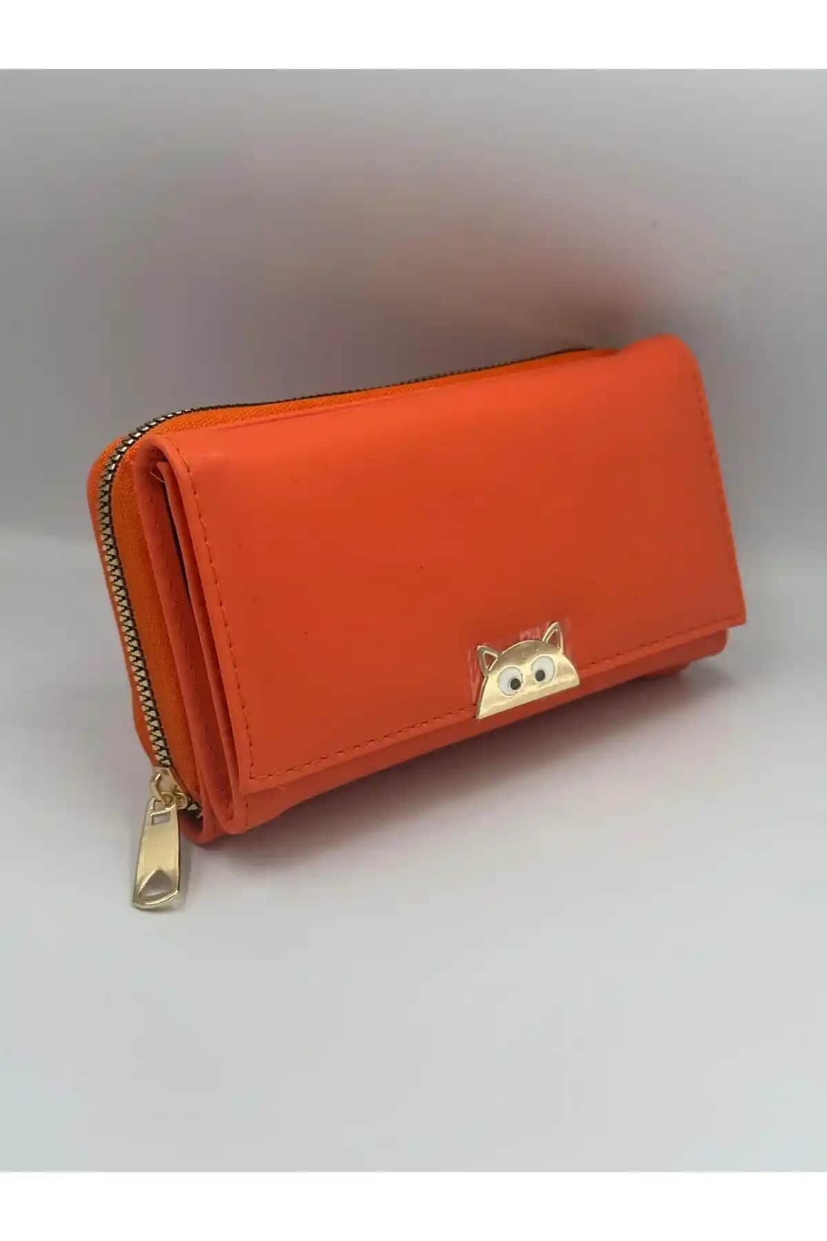 Kadınlar İçin Şık ve Fonksiyonel Büyük Boy Turuncu Kedi Detaylı Cüzdan