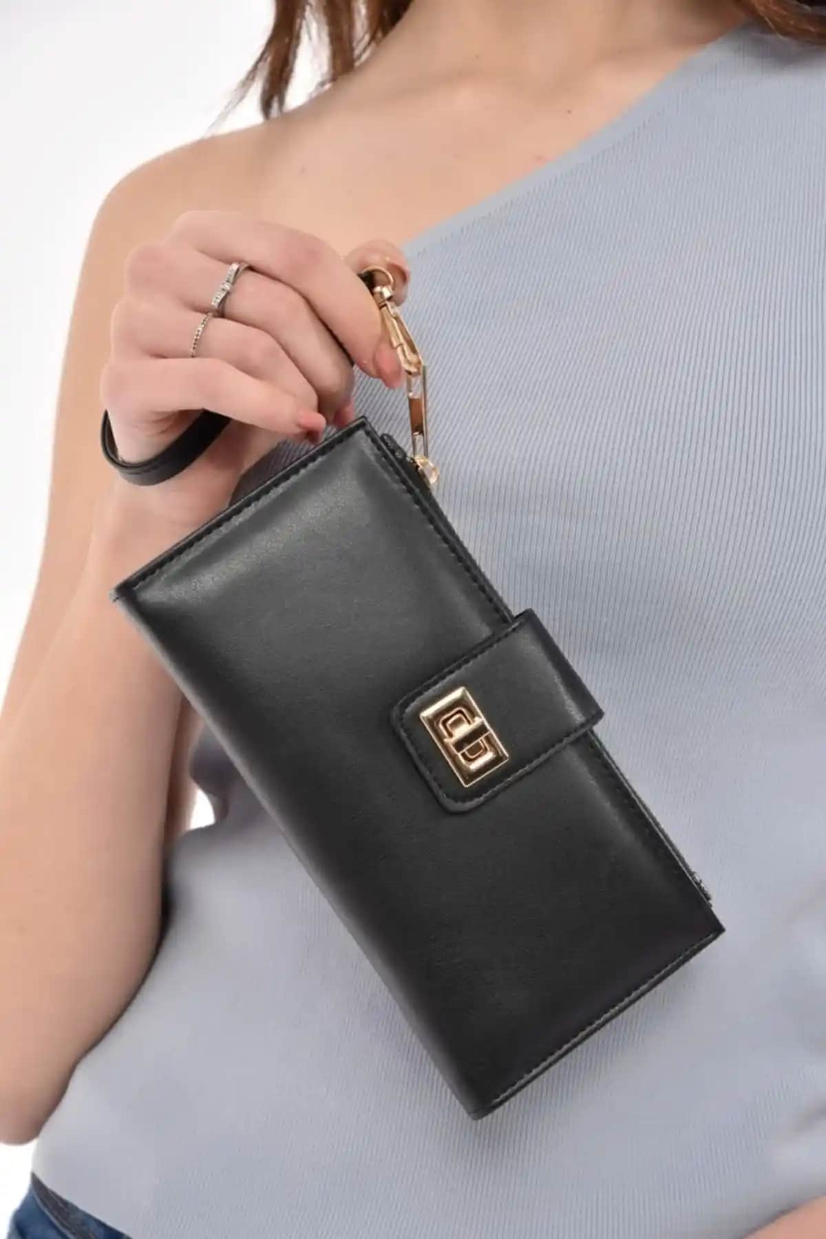 Kadınlar İçin Vegan Deri Büyük Boy Telefon Nakit Bozuk Bölmeli Kilitli Bilek Askılı Cüzdan