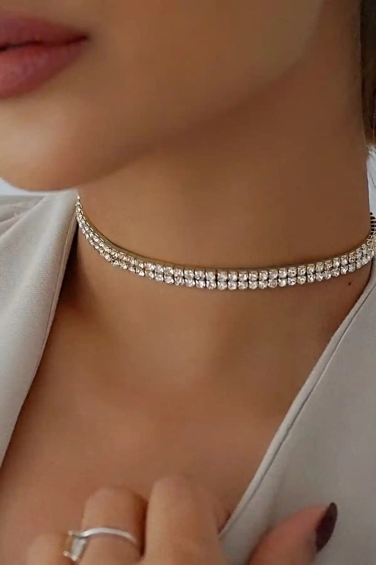 Kadınlar İçin Zarif Çift Sıra Zirkon Taşlı Rhinestone Choker Kolye