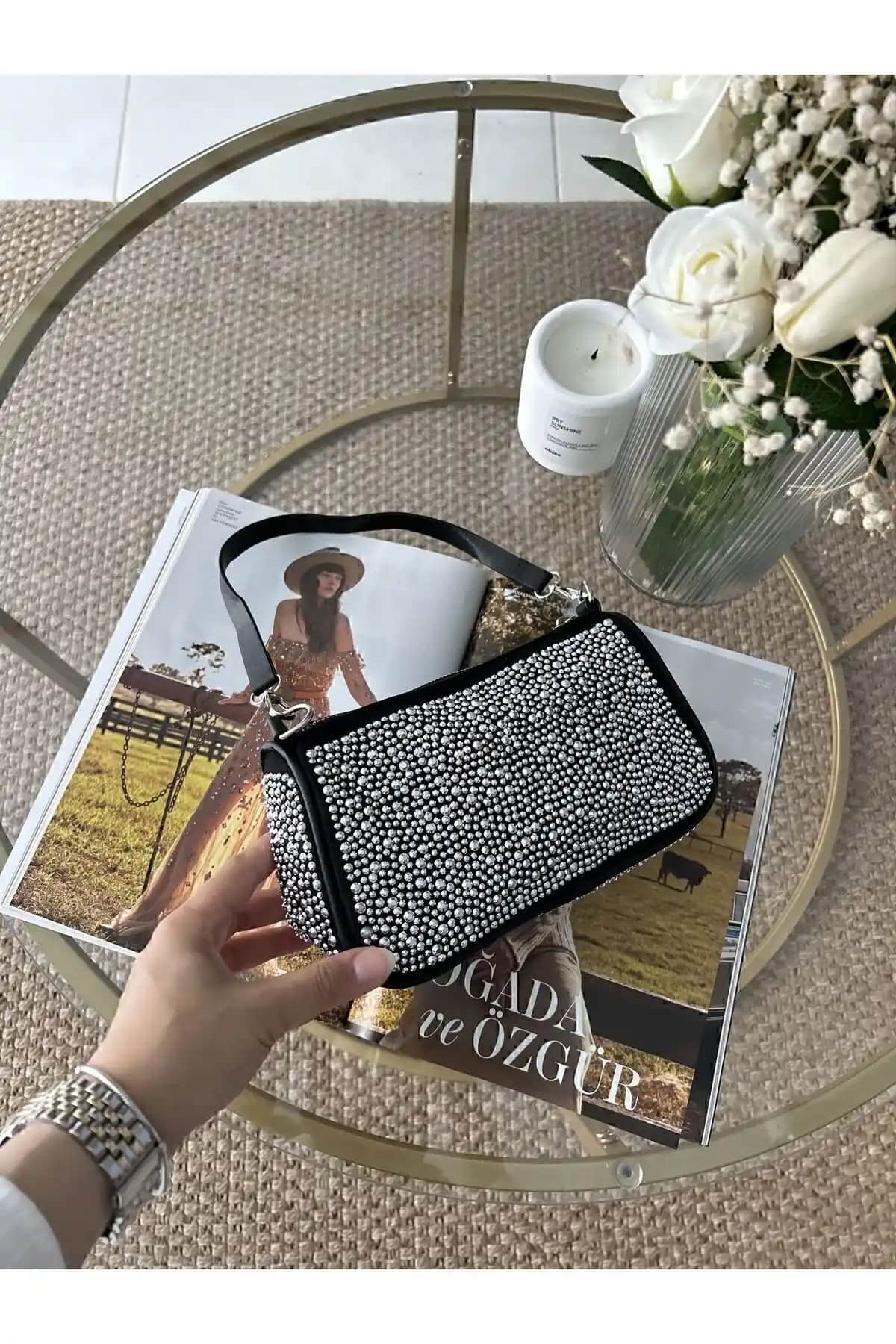 Paradise Kadın Siyah Taş Detaylı Kol ve Omuz Çantası Günlük ve Gece Kullanımı İçin Uygun