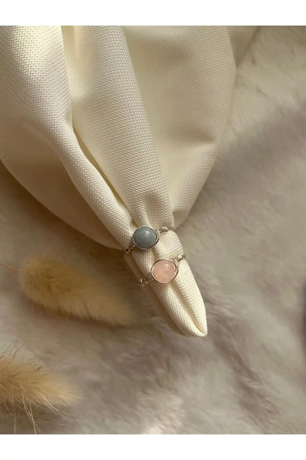 PelvedDesign Akuamarin ve Pembe Kuvars Doğal Taş İkili Yüzük Seti Modern ve Şık Tasarım