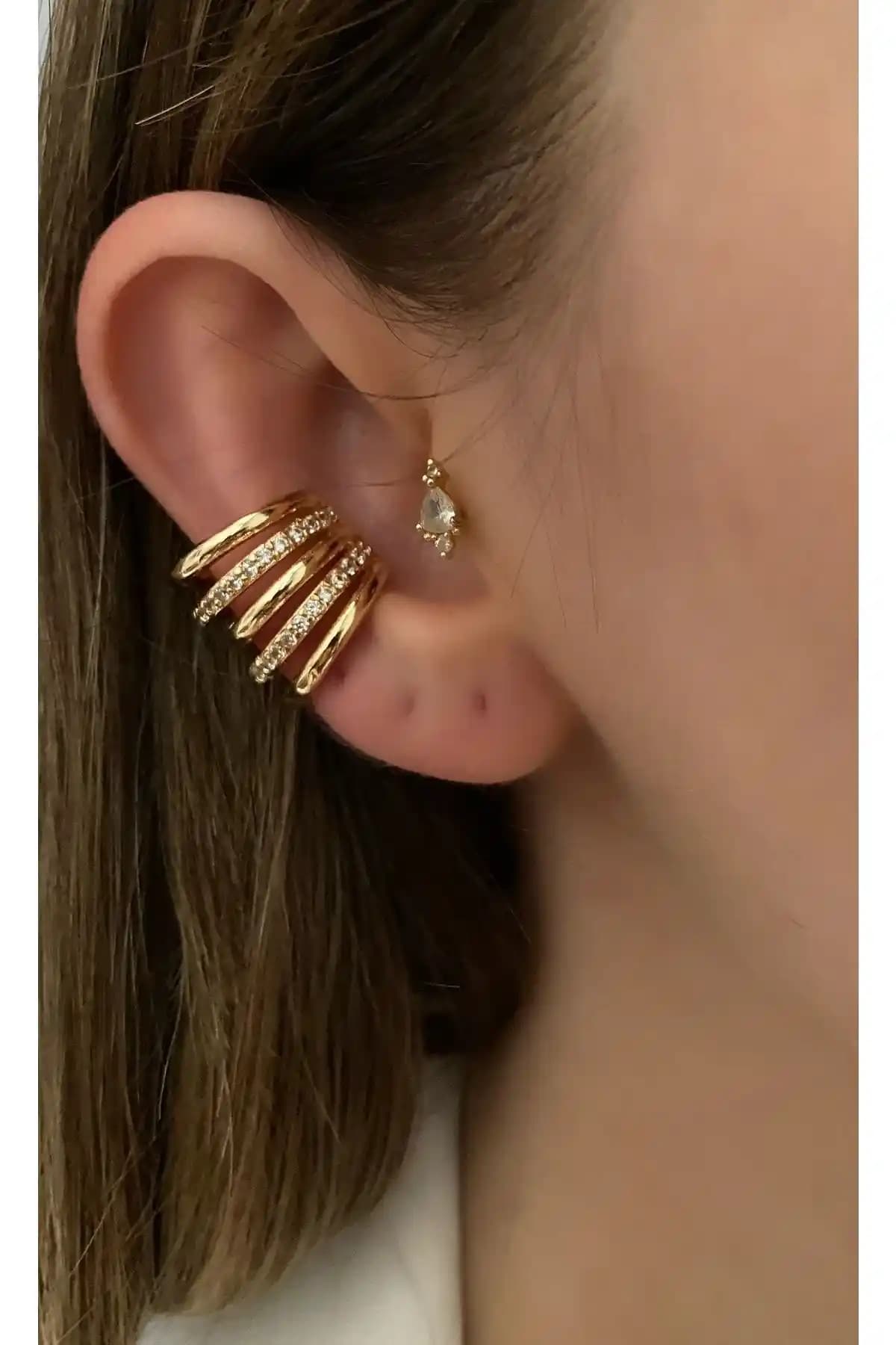 Pinery Jewels Kadın Büyük Earcuff Taşlı 5 Sıra Kıkırdak Küpe Şıklık ve Rahatlık Sunar