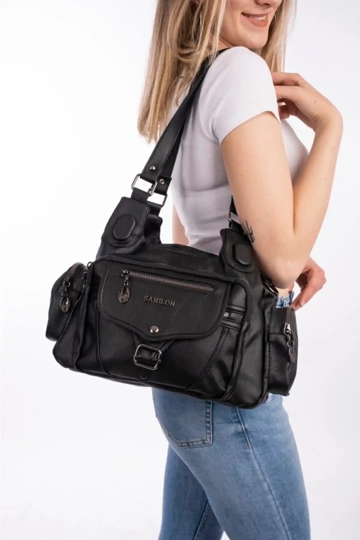 Samilon Kadın Siyah Yıkama Deri Çok Gözlü Omuz ve Kol Çantası Özellikleri ve Kullanım Avantajları