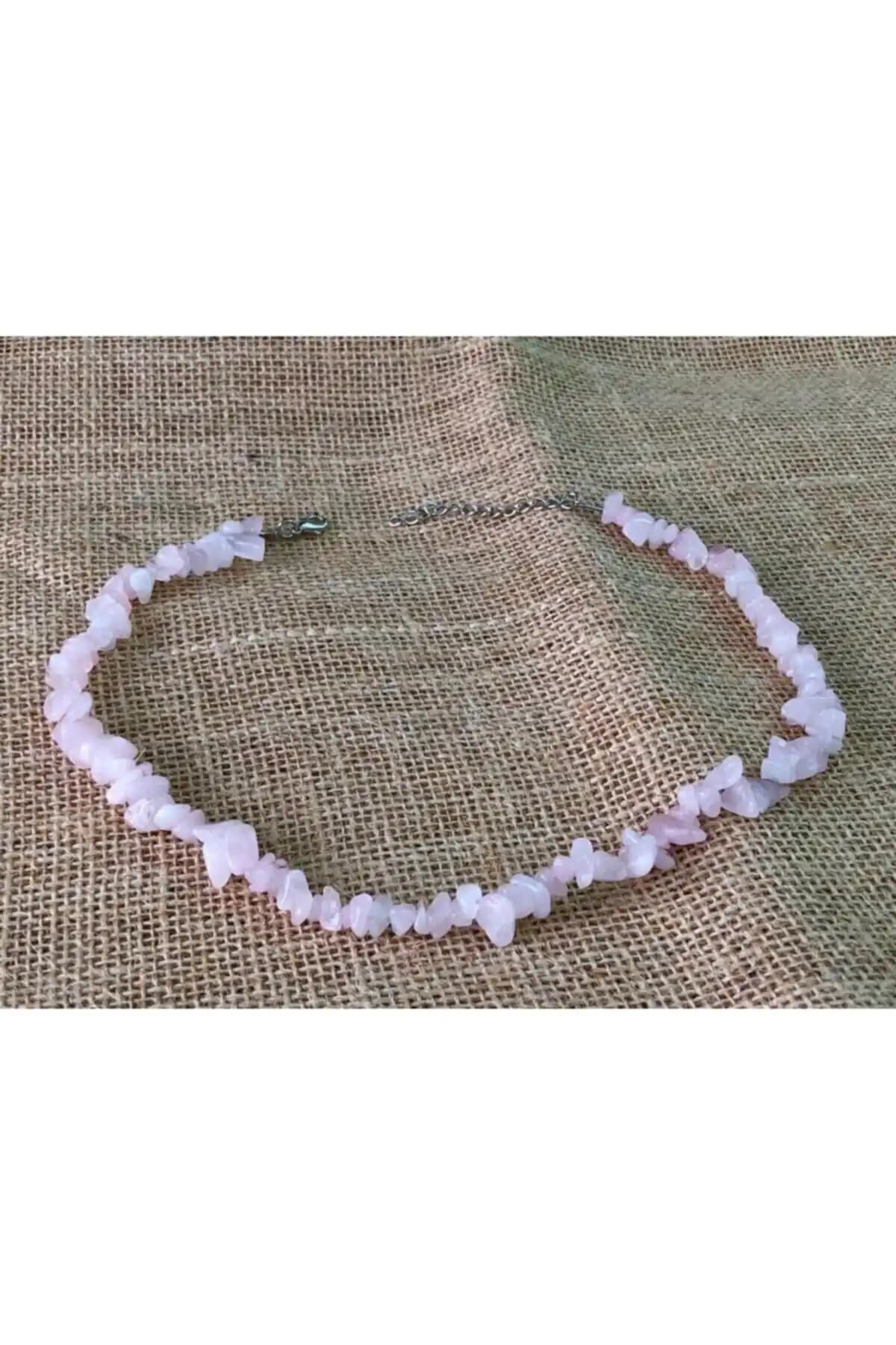 Sarf Doğaltaş Pembe Kuvars Kırık Doğal Taş Kolye Modern ve Şık Tasarım