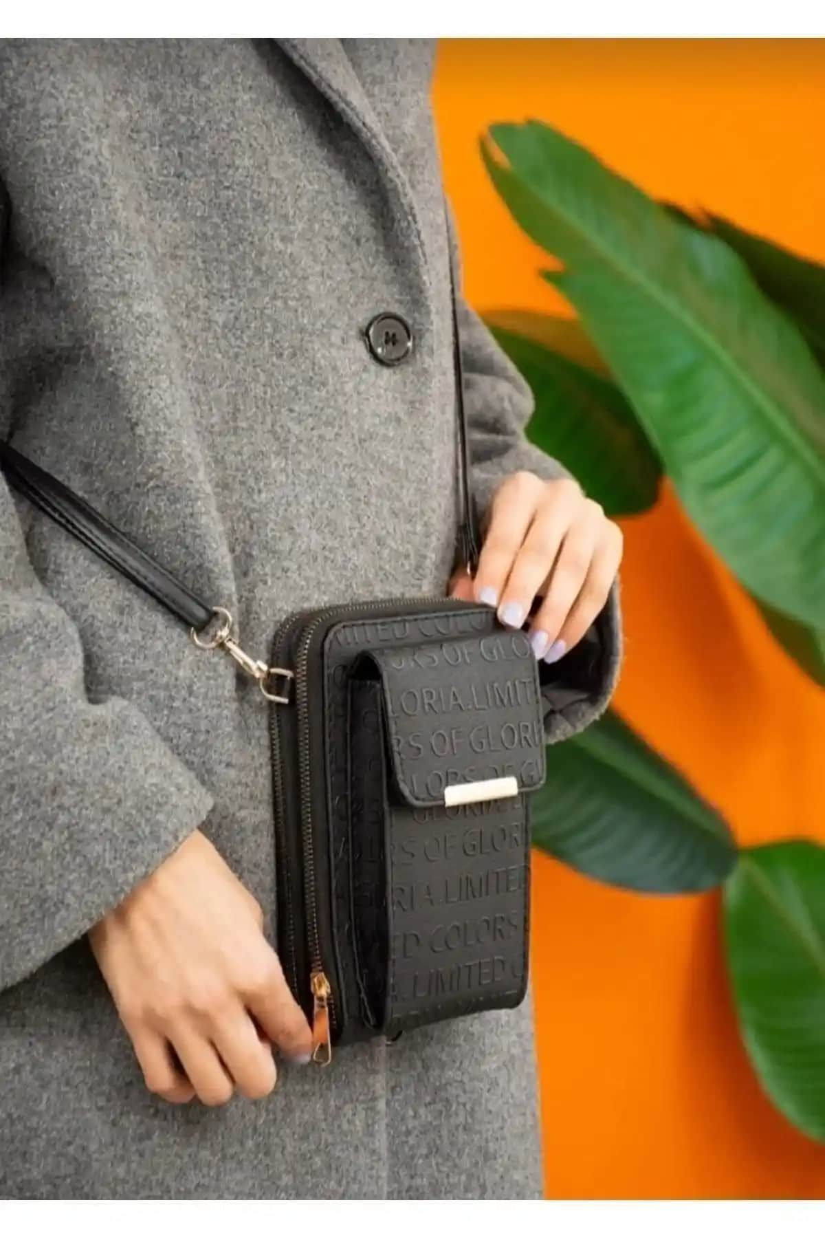 Selma Demir Castel Kadın Siyah Çapraz Askılı Telefon Bölmeli Cüzdan Çanta