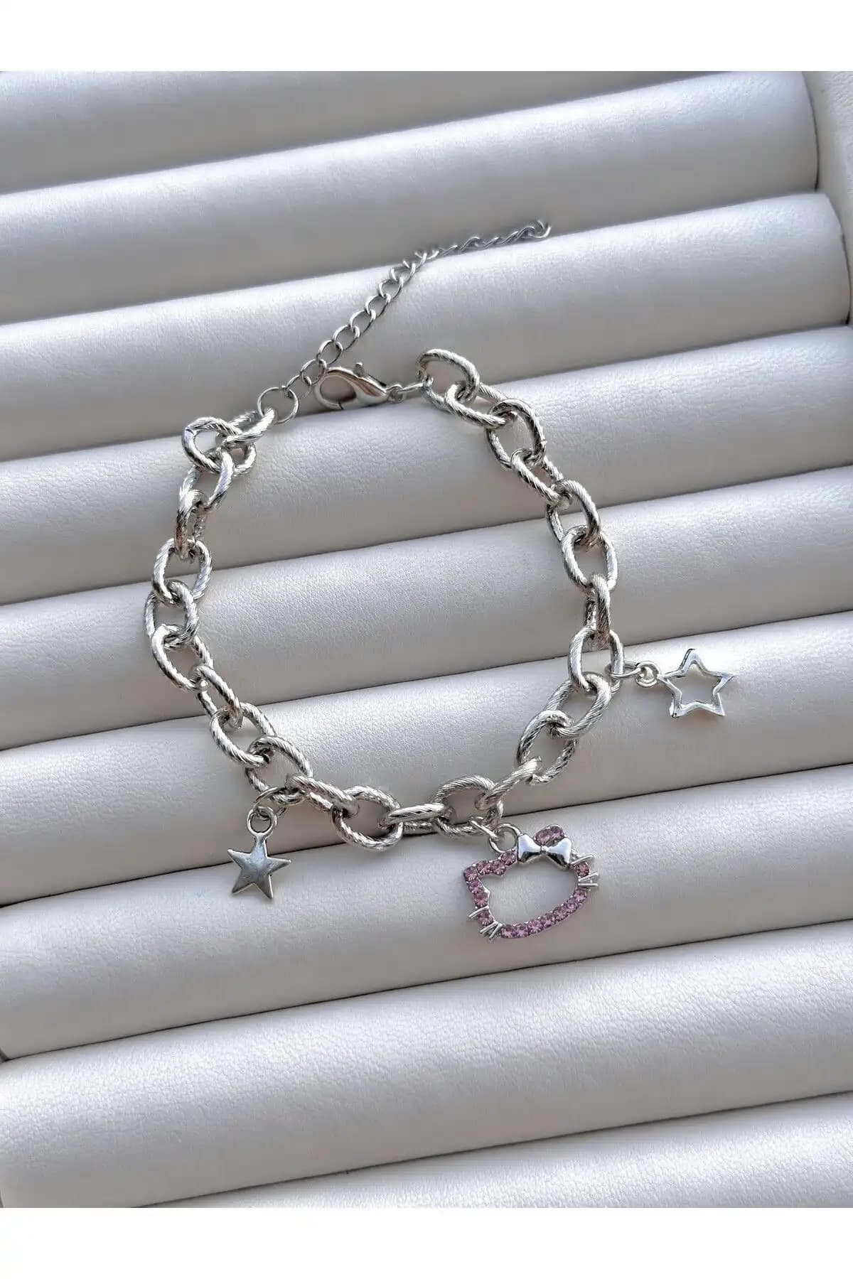SleyShop Kalın Zincirli Pembe Taşlı Hello Kitty Bileklik Kadın ve Gençler İçin Şık Aksesuar