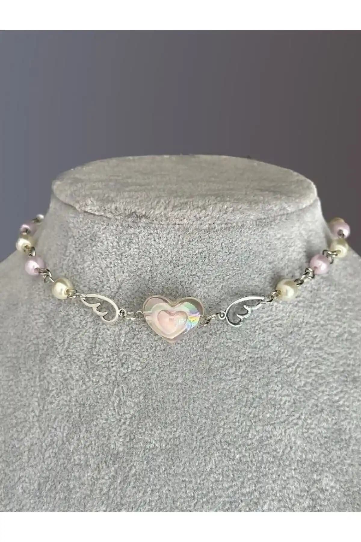 Sleyshop Kelebek Melek Kanatlı Pembe Boncuk İnci Kolye Günlük ve Şık Kullanım İçin