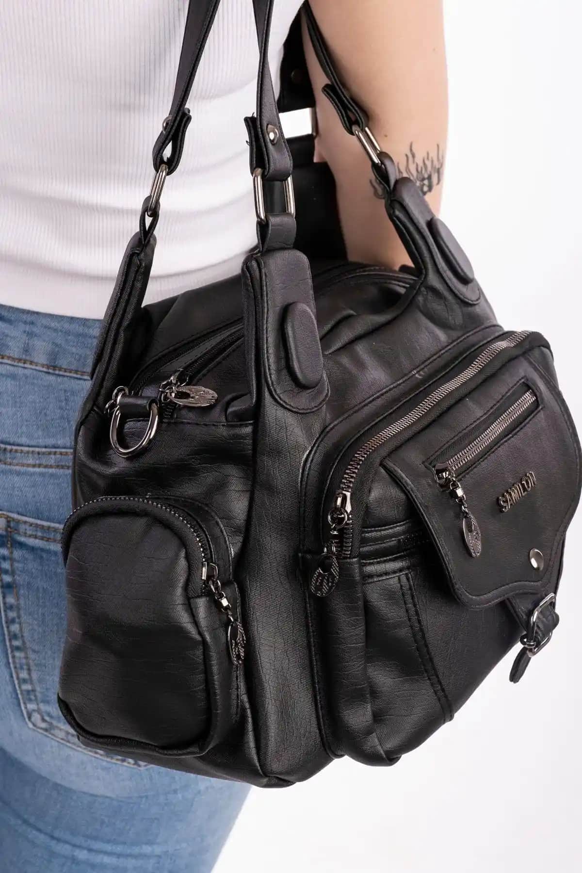 Smurne Kadın Premium Siyah Yıkama Deri Omuz Çantası Modern ve Şık Tasarım