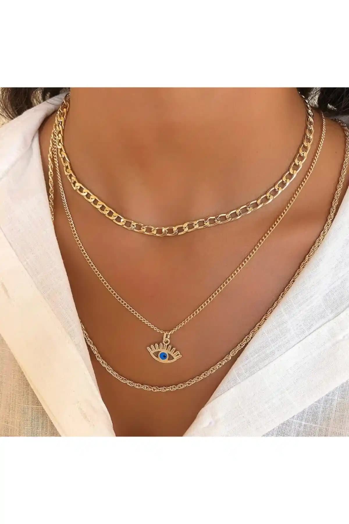Takıtarzım Göz Figürlü 3 Lü Altın Kaplama Kombin Kolye Modern ve Şık Tasarım