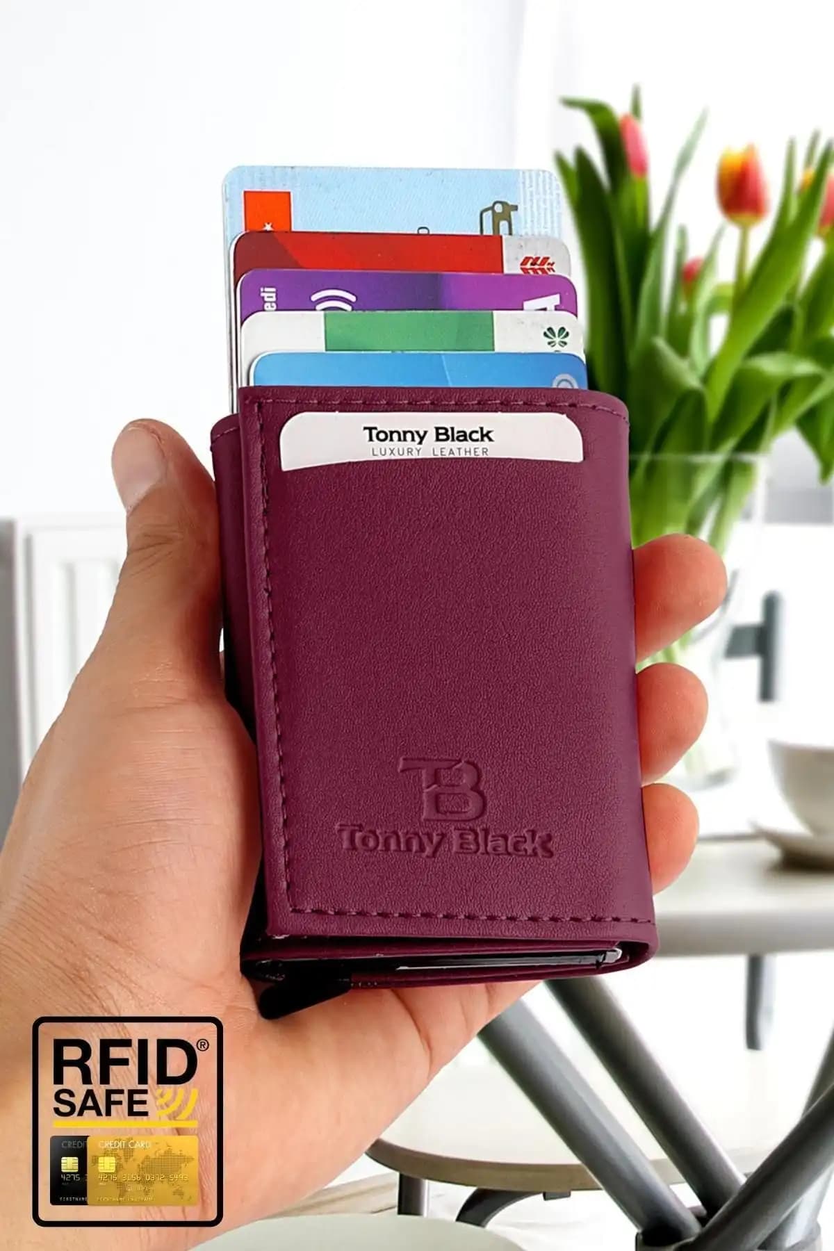 Tonny Black RFID Korumalı Otomatik Mekanizmalı Şık ve Güvenli Erkek ve Kadın Cüzdanı