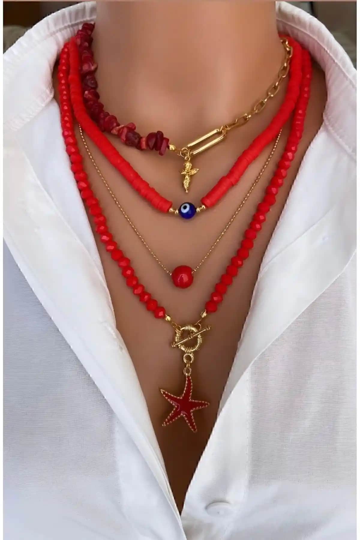 Trend Jewellery Kırmızı Fimo Zincir Çoklu Kolye Modern Kadın Aksesuarı