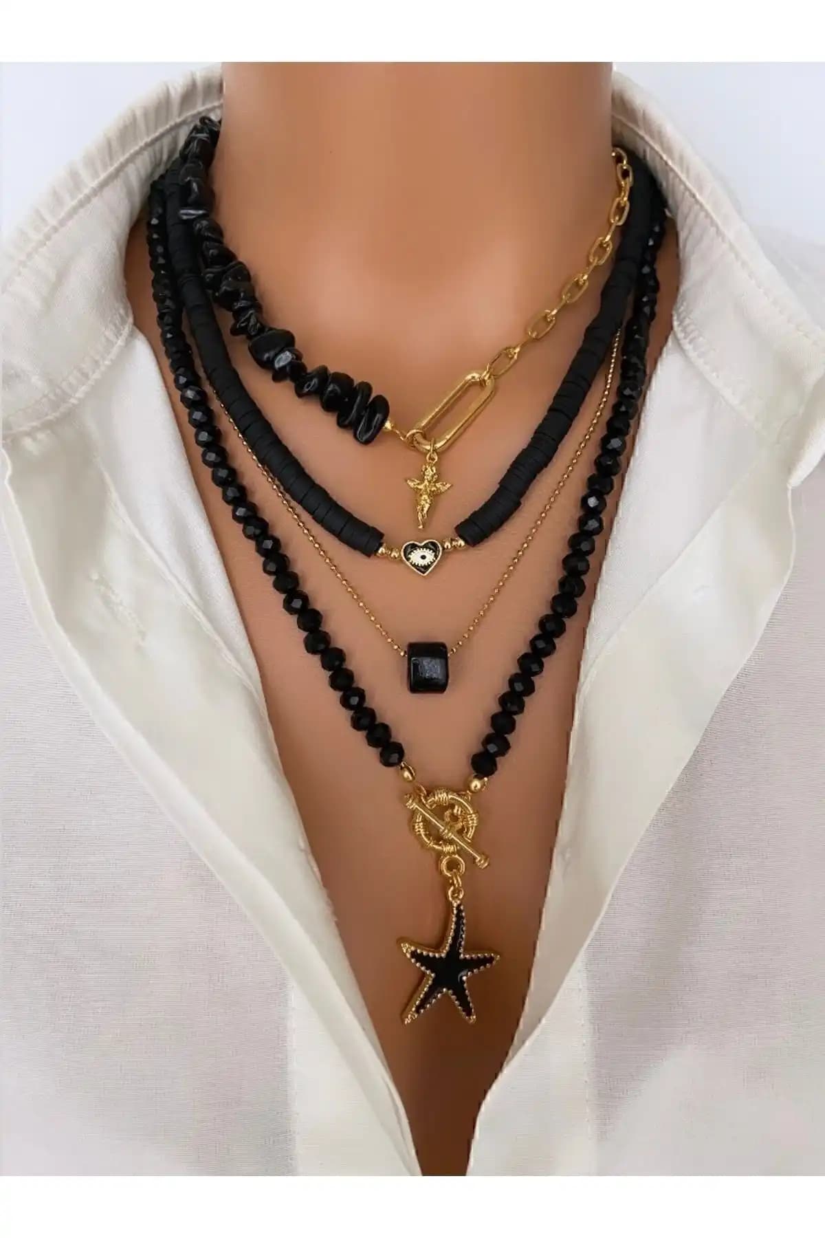 Trend Jewellery Siyah Doğal Taşlı Çoklu Kolye Kadınlar İçin Şık ve Otantik Tasarım