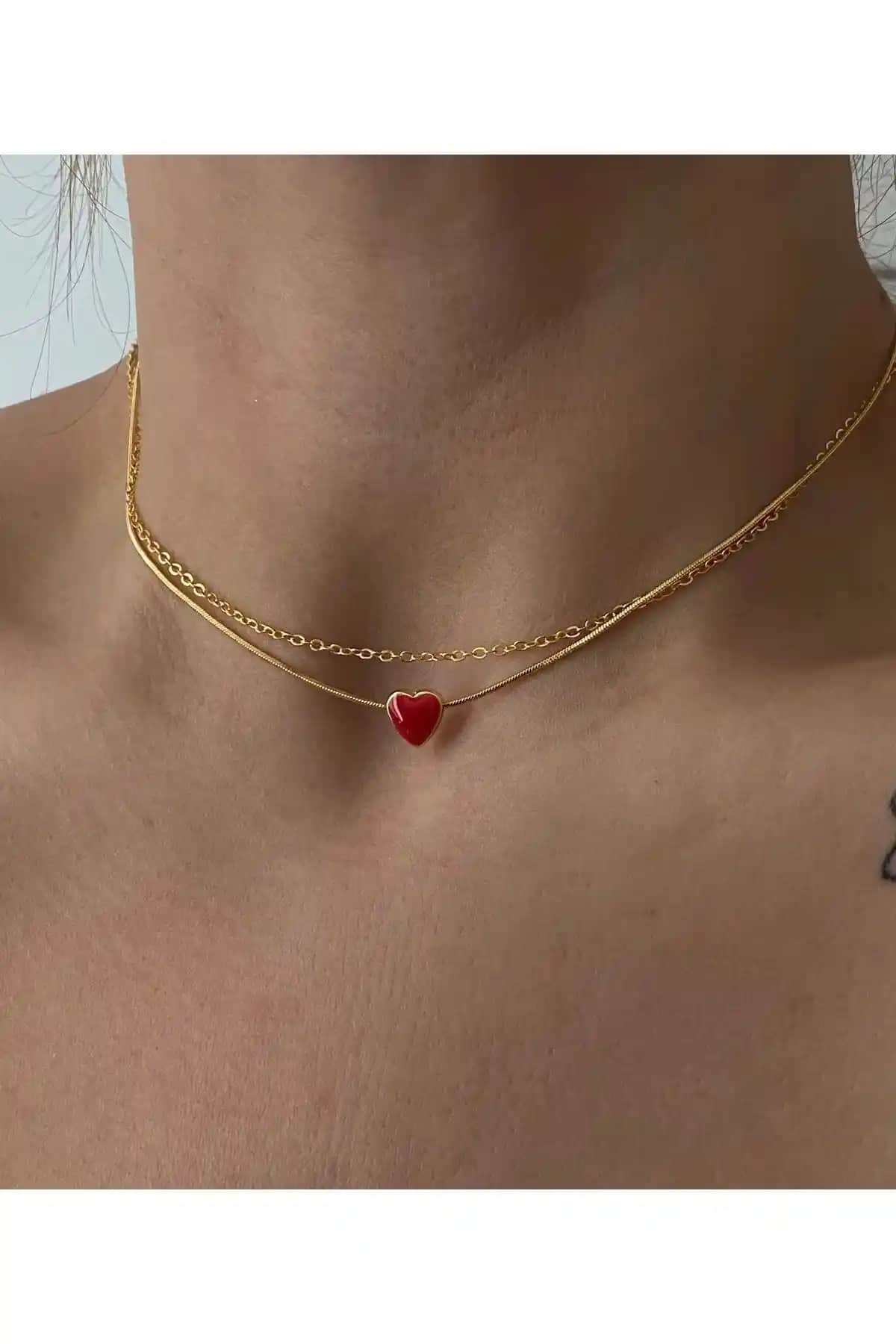 Vi Store Kırmızı Kalp Choker ve Zincir Seti: Zarif ve Romantik Takı Seçeneği