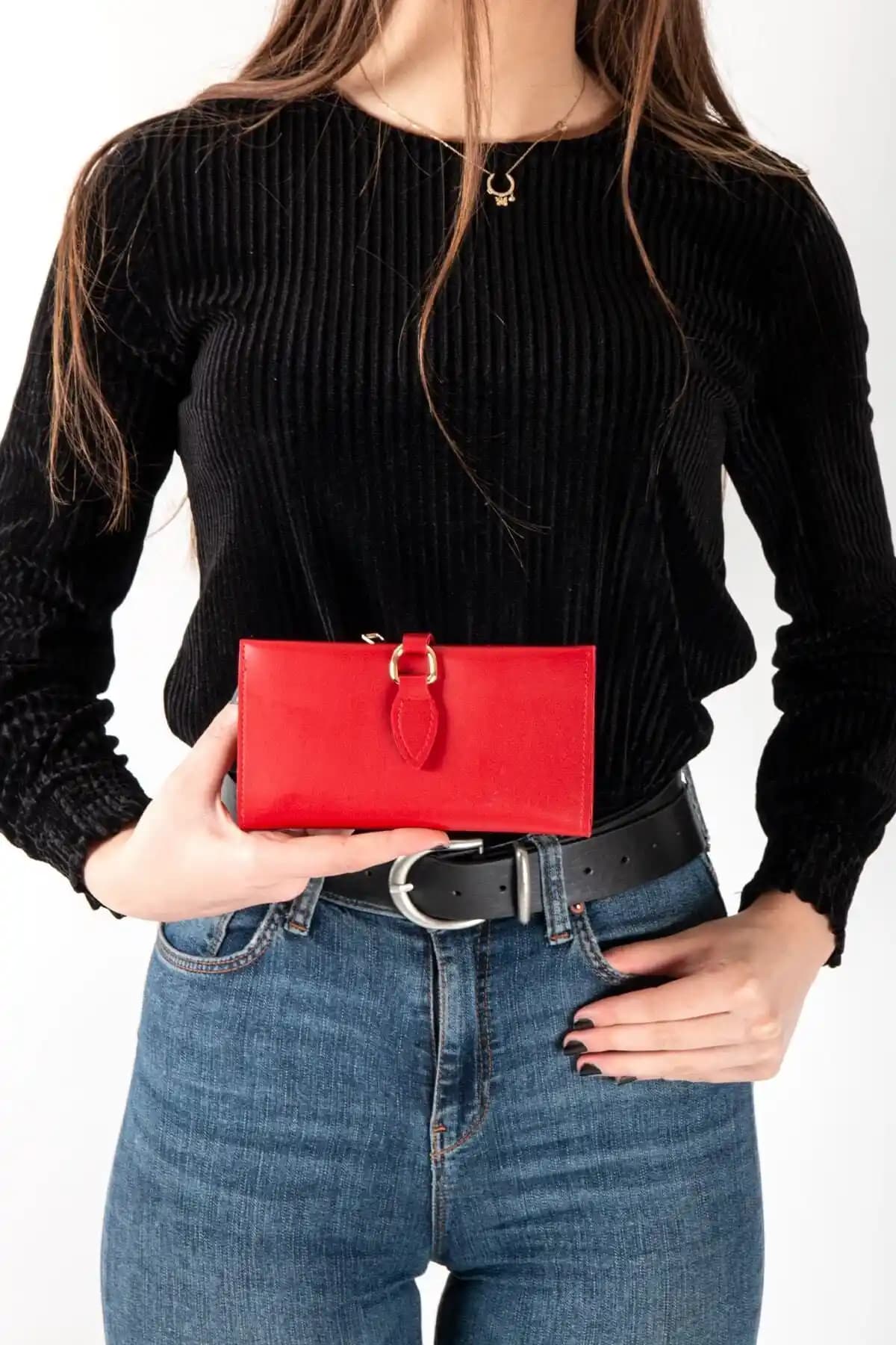 Womancraft Kırmızı Çok Bölmeli Yumuşak Derili Kadın Cüzdanı Günlük Kullanım İçin