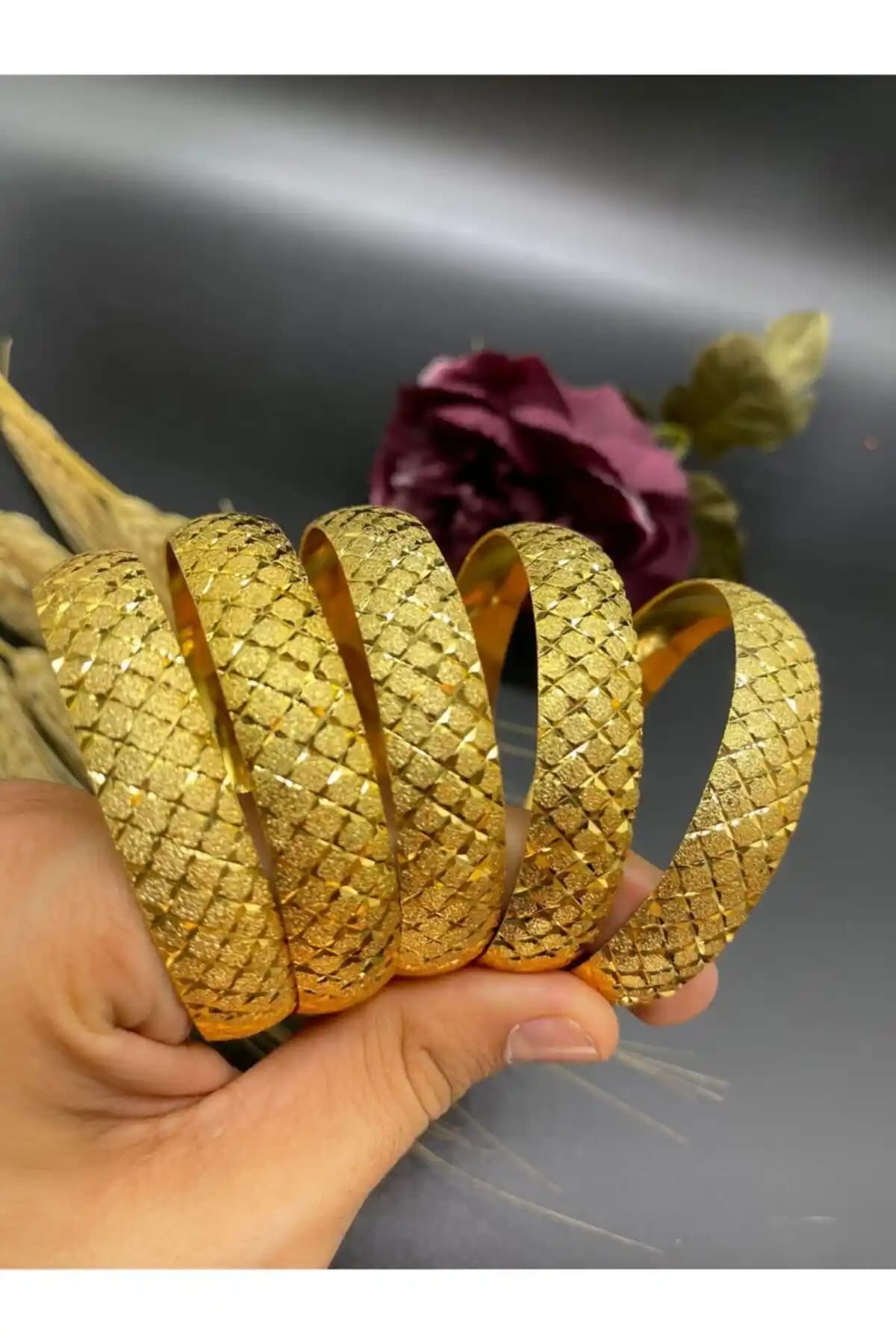 Yılz Gold İmitasyon 22 Ayar Altın Kaplama Baklava Desen 5'li Bilezik Seti