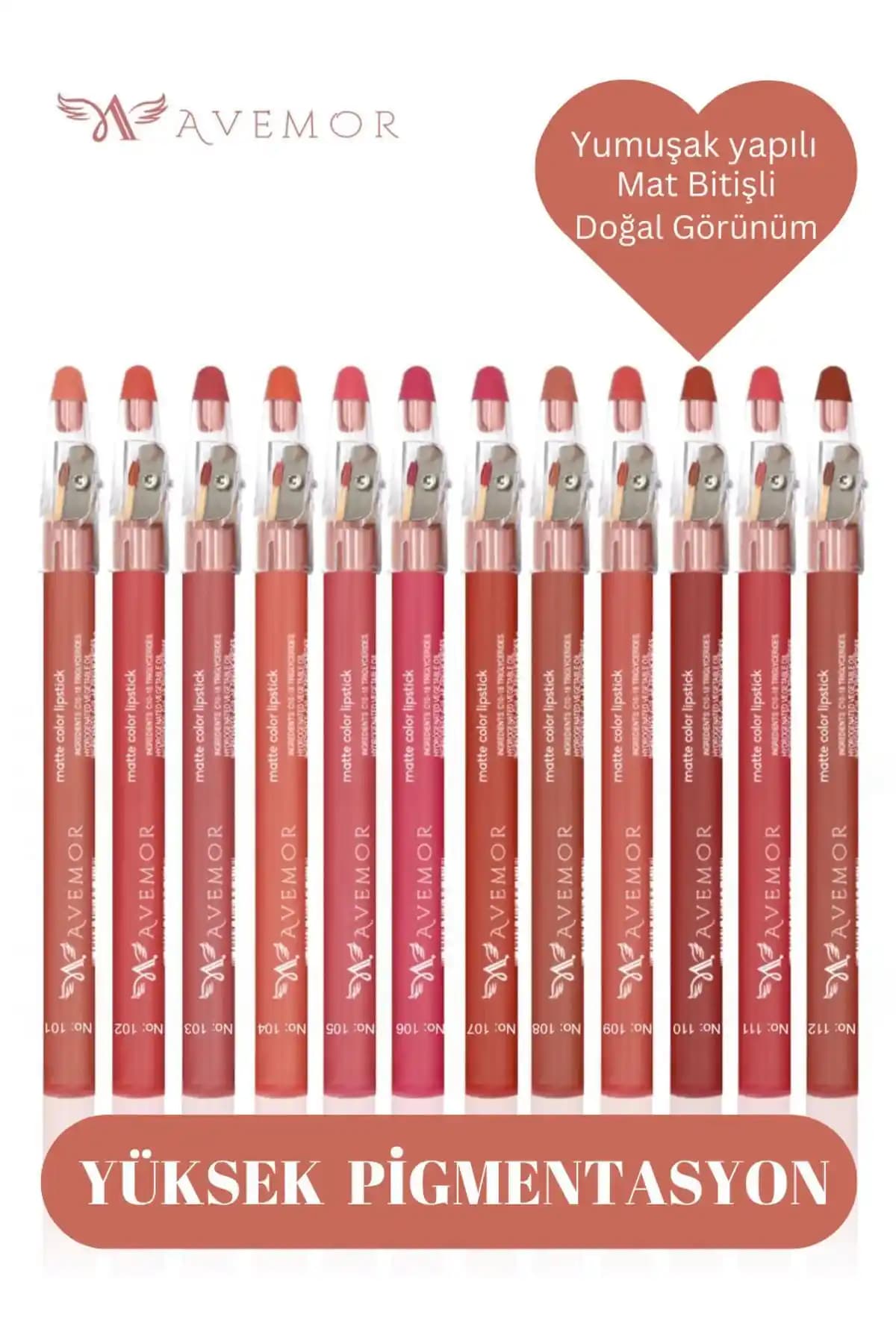 AVEMOR 12'li Jumbo Dudak Kalemi Seti Kalemtraşlı ve Renkli Makyaj İçin Uygun